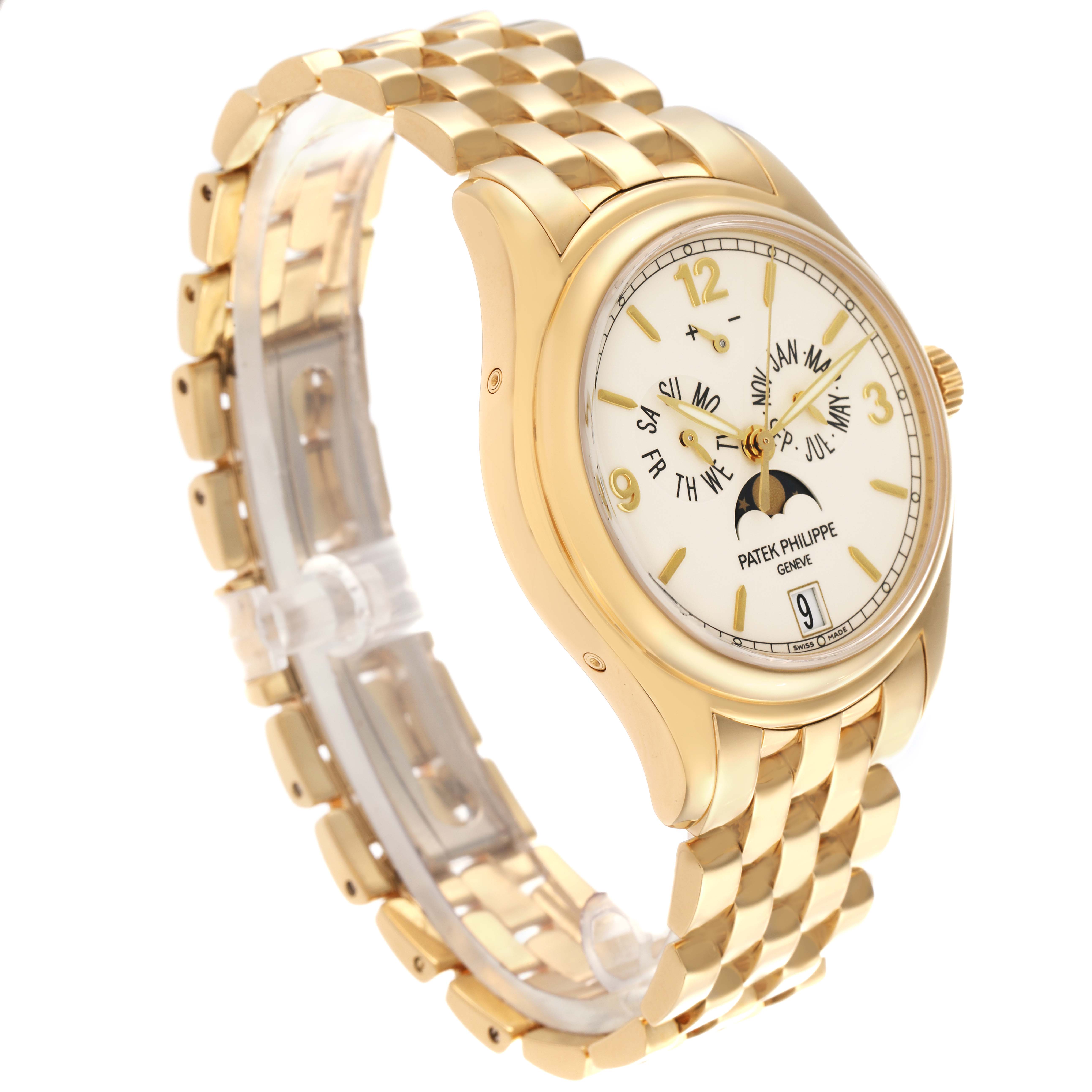 The Patek Philippe Complications 5146J Men's Yellow Gold Beige Dial 5146J Men's Yellow Gold Beige Dial watch is shown at a three-quarter angle, displaying the dial, bracelet, and crown.