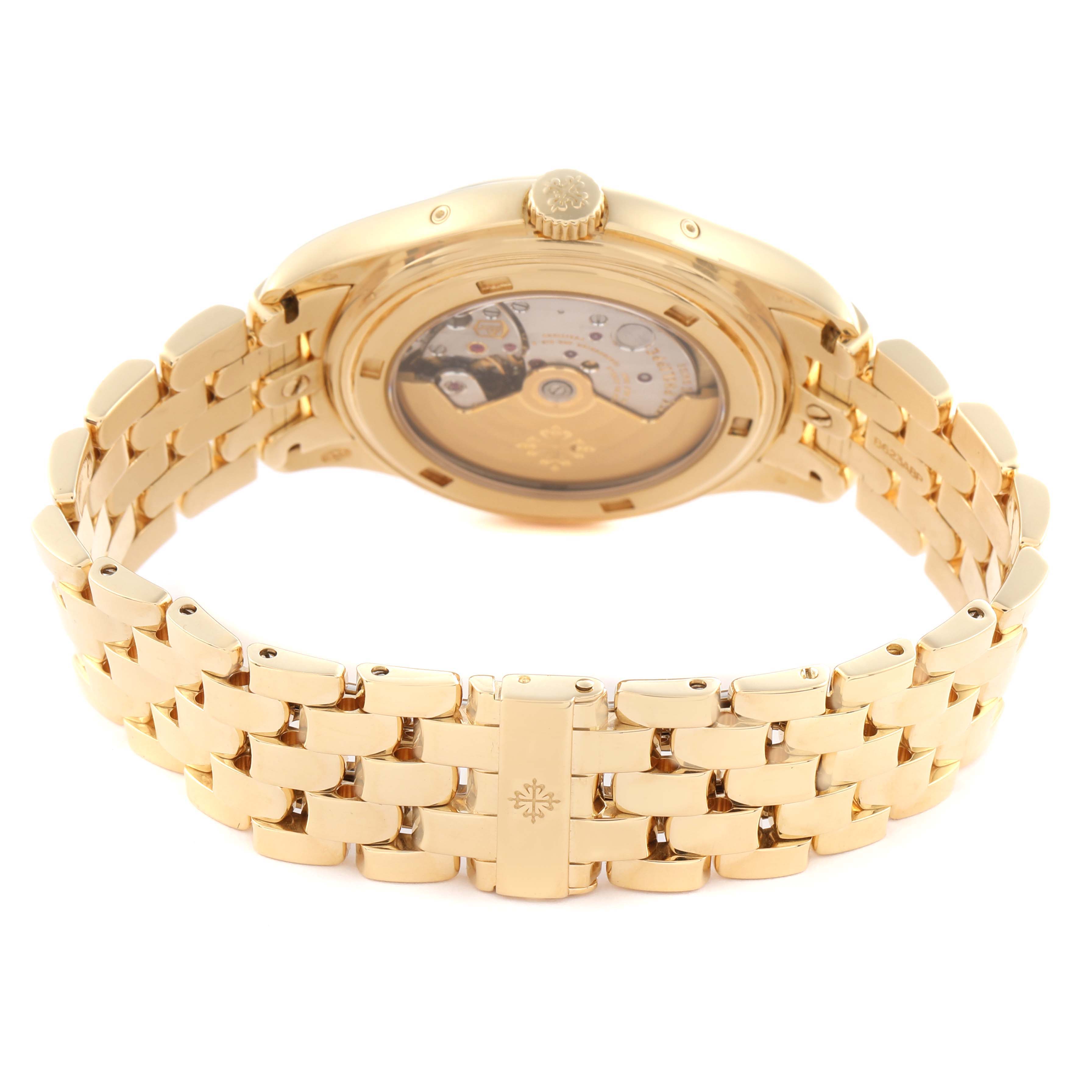 The image shows the back view of a Patek Philippe Complications 5146J Men's Yellow Gold Beige Dial 5146J Men's Yellow Gold Beige Dial watch, highlighting the display case back and gold bracelet.