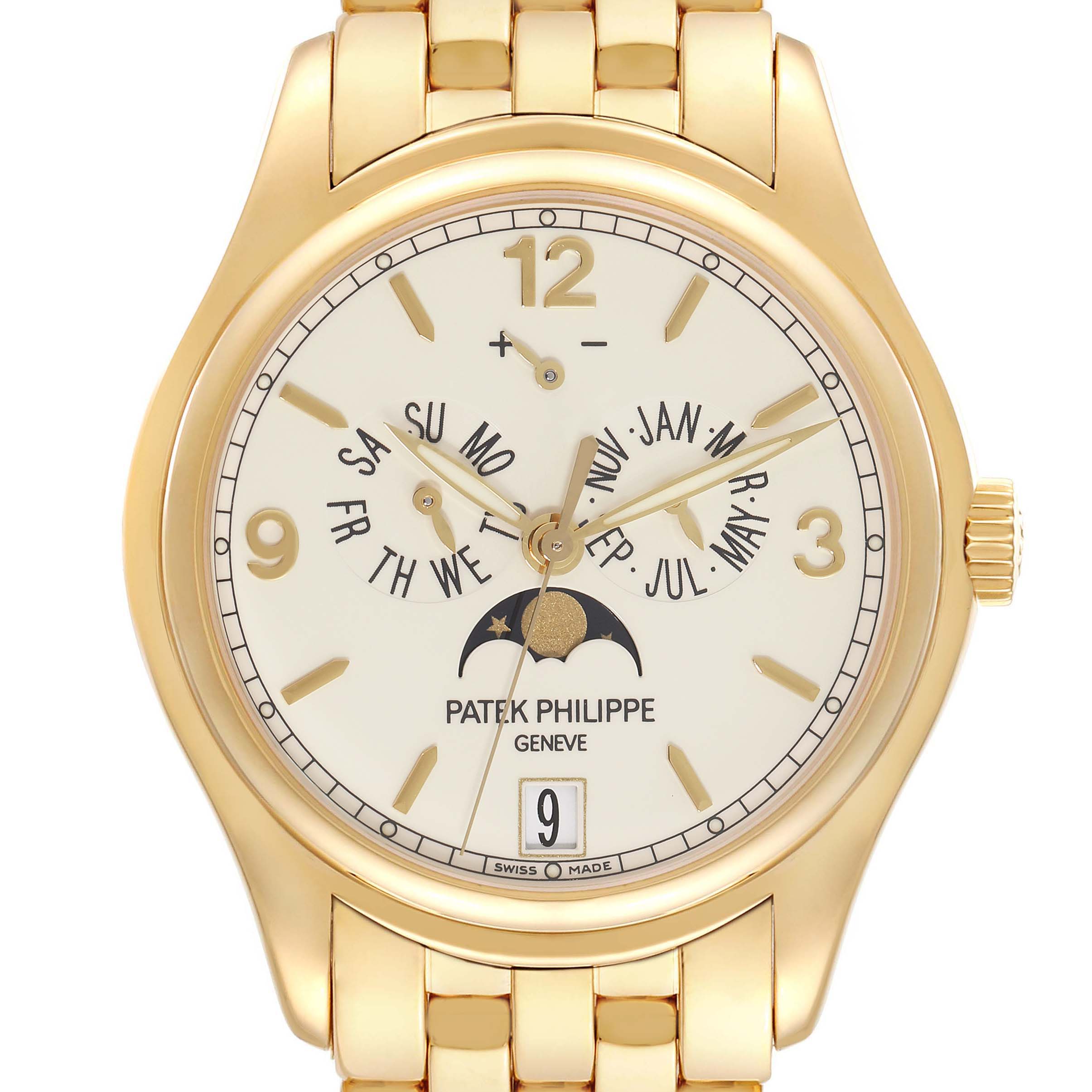 The Patek Philippe Complications 5146J Men's Yellow Gold Beige Dial 5146J Men's Yellow Gold Beige Dial watch is shown from a front angle, displaying its face, bracelet, and crown.