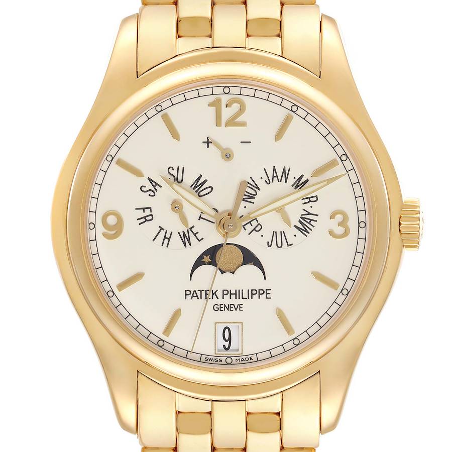 The Patek Philippe Complications watch is shown from a front angle, displaying its face, bracelet, and crown.