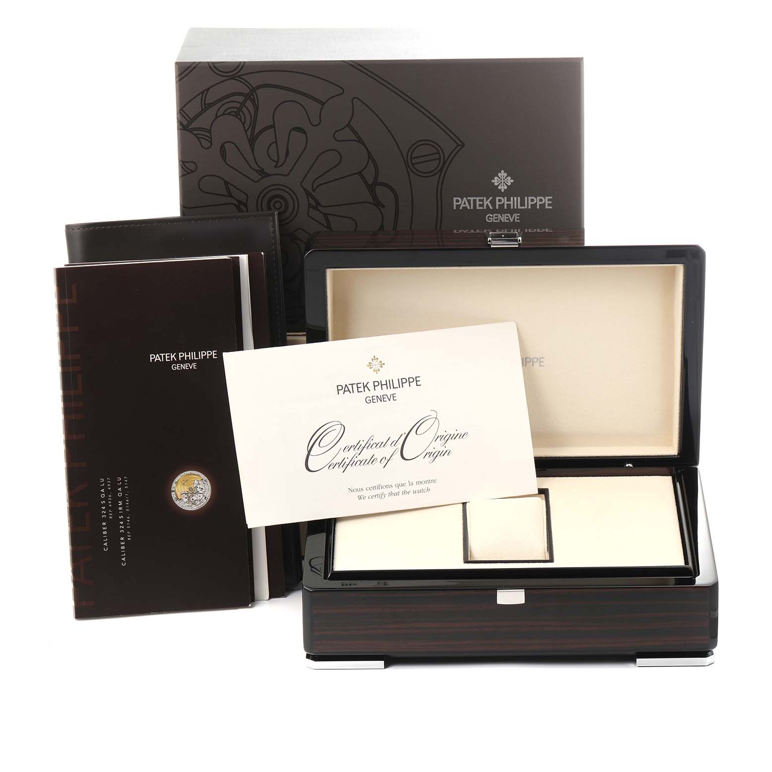 The image shows a Patek Philippe Complications 5146J Men's Yellow Gold Beige Dial 5146J Men's Yellow Gold Beige Dial watch box, certificate, and booklets, viewed from the front at a slight angle.