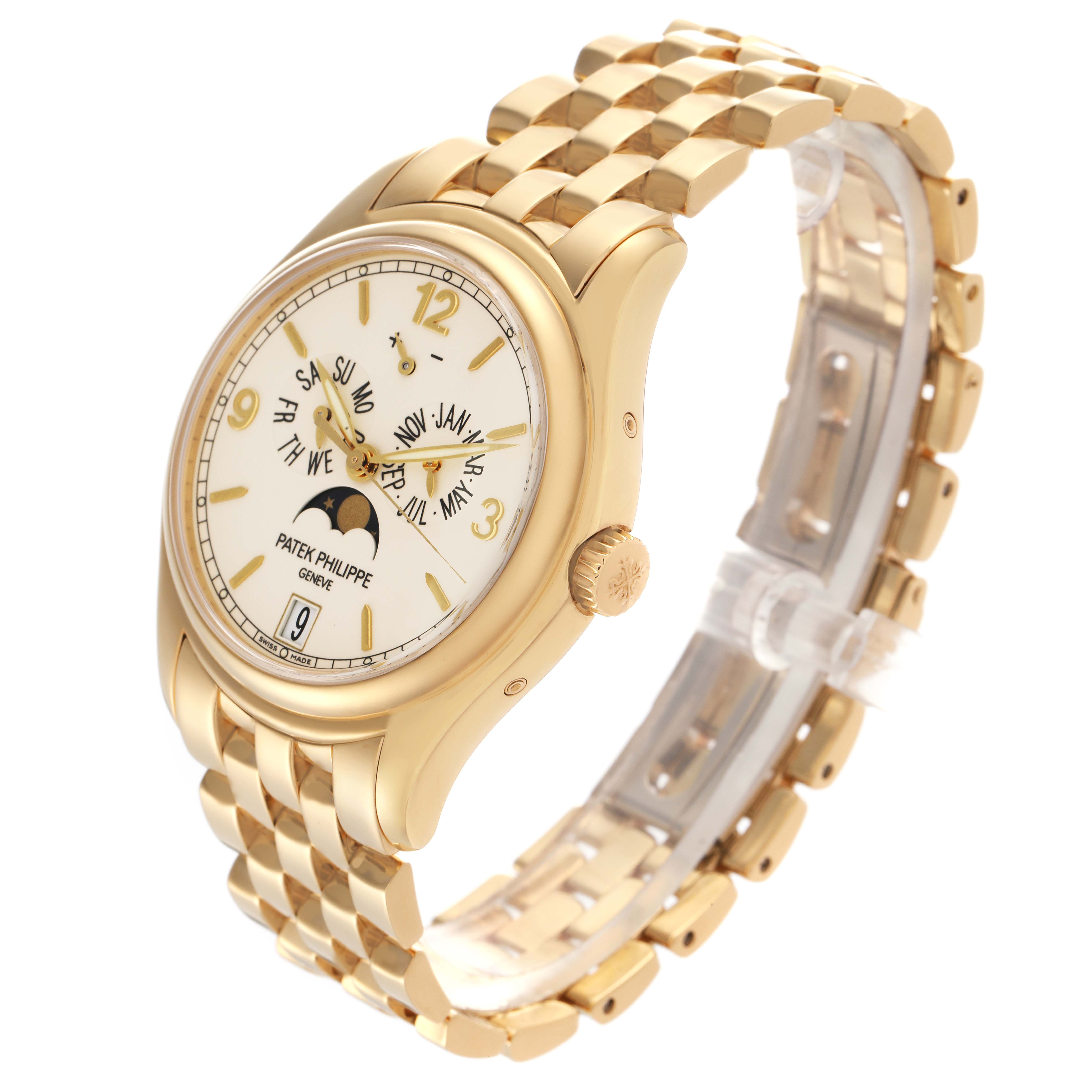 The Patek Philippe Complications 5146J Men's Yellow Gold Beige Dial 5146J Men's Yellow Gold Beige Dial watch is shown at a three-quarter angle, displaying the dial and part of the bracelet.
