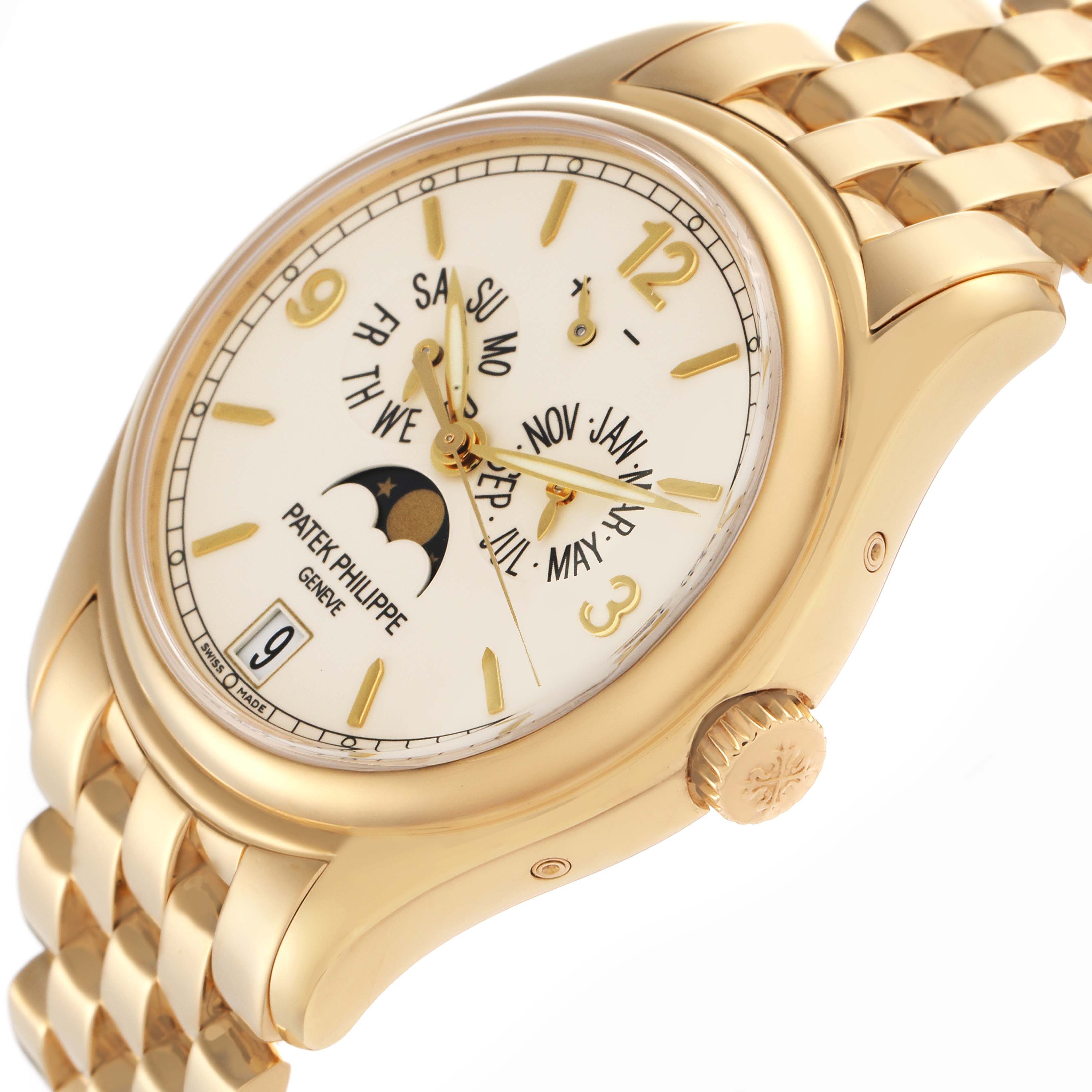 The Patek Philippe Complications 5146J Men's Yellow Gold Beige Dial 5146J Men's Yellow Gold Beige Dial model is shown from a side angle displaying the dial, crown, and part of the bracelet.