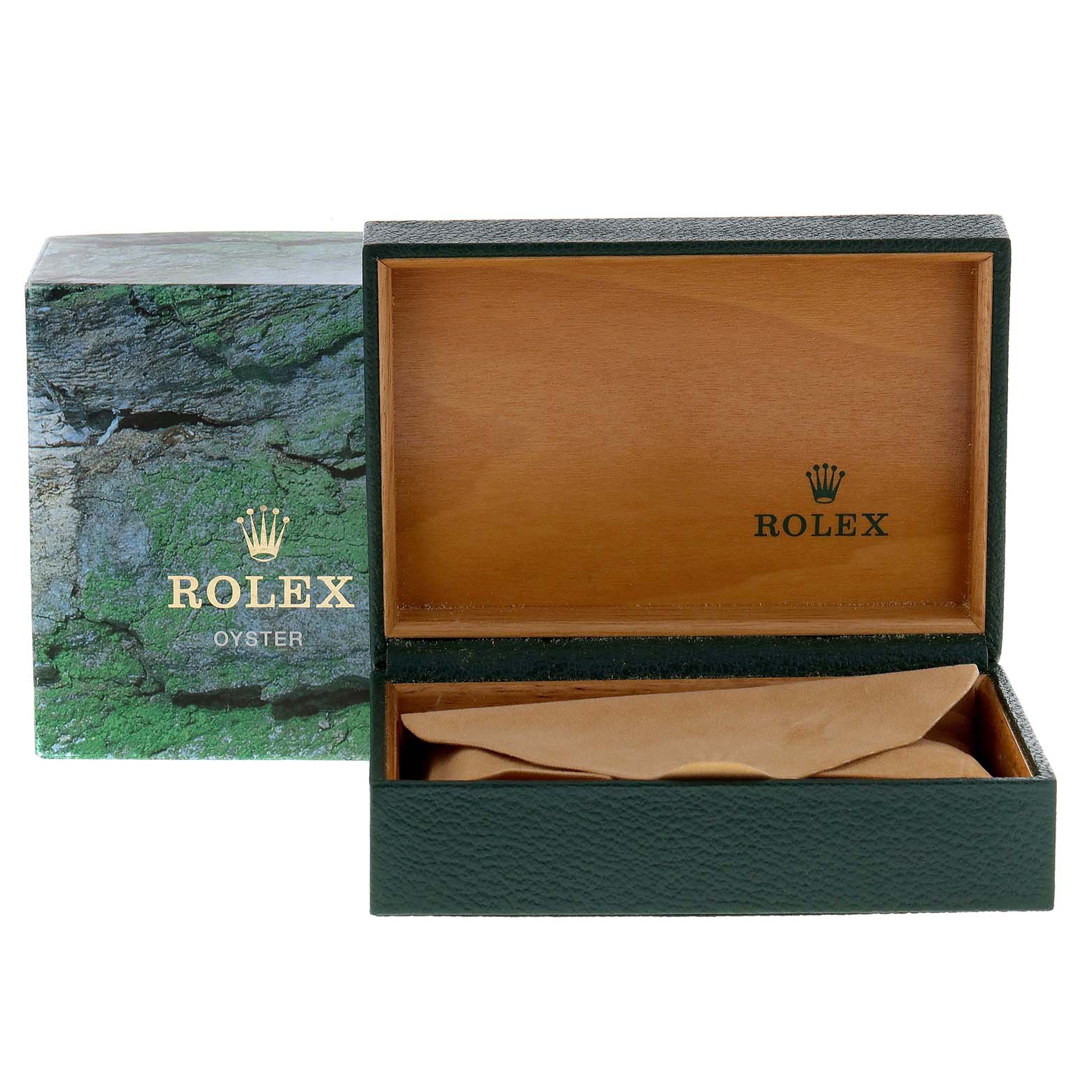 This image shows an open, empty Rolex Air-King 14000 Men's Stainless Steel Black Dial 14000 Men's Stainless Steel Black Dial watch box with its outer box in the background.