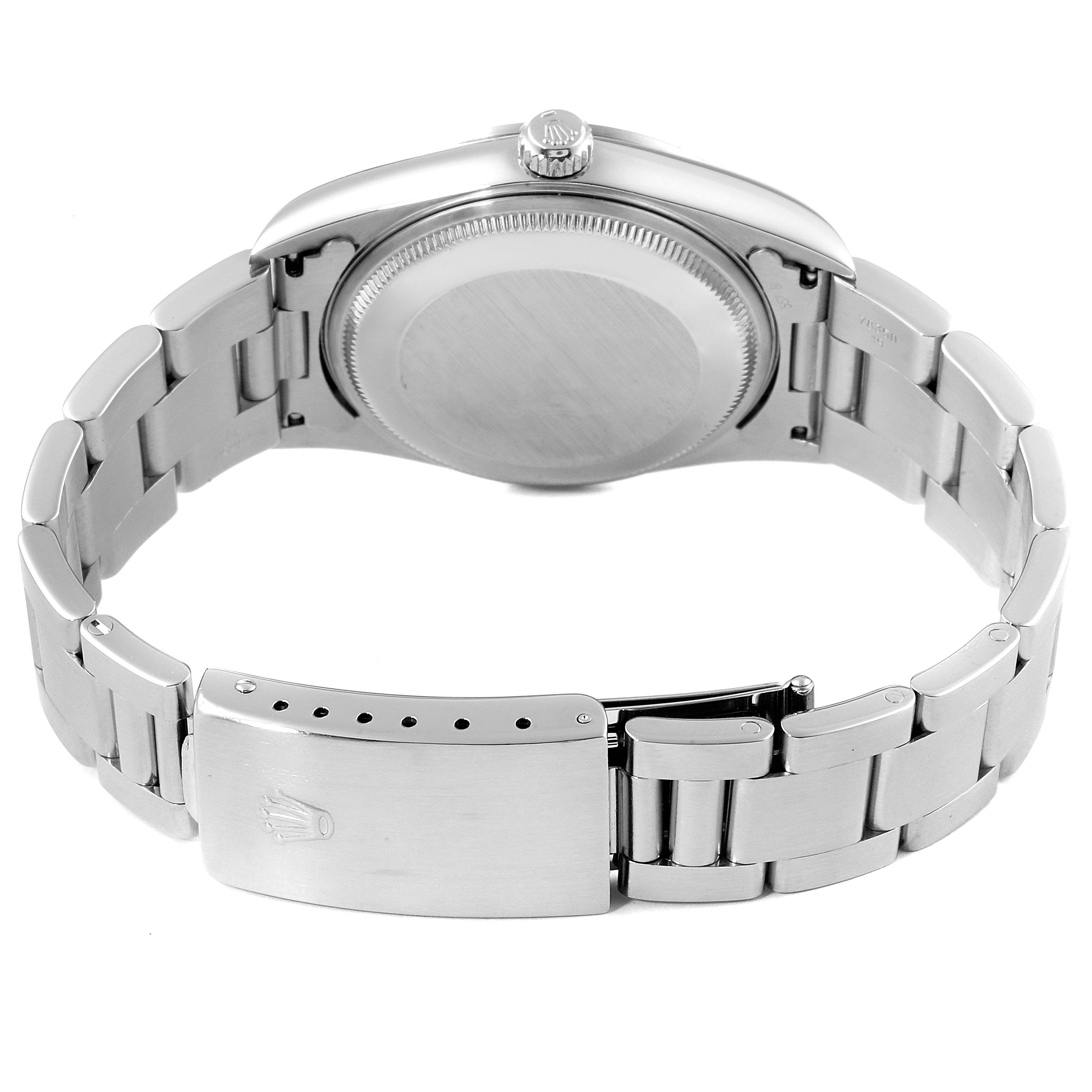 This image shows the back view of the Rolex Air-King 14000 Men's Stainless Steel Black Dial 14000 Men's Stainless Steel Black Dial watch, highlighting its case back and bracelet clasp.