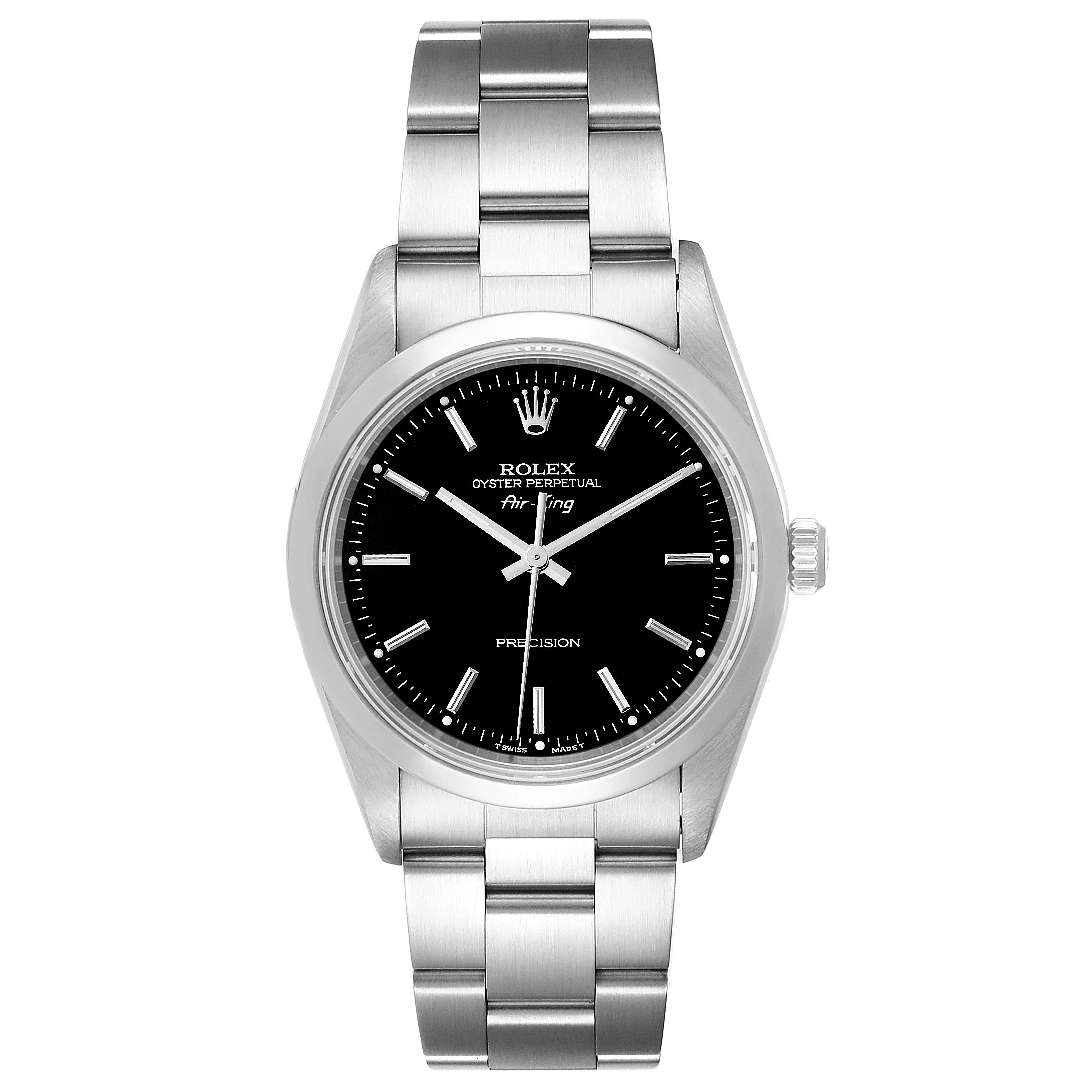 The image shows a front view of the Rolex Air-King 14000 Men's Stainless Steel Black Dial 14000 Men's Stainless Steel Black Dial watch, displaying the face, bezel, case, bracelet, and crown.