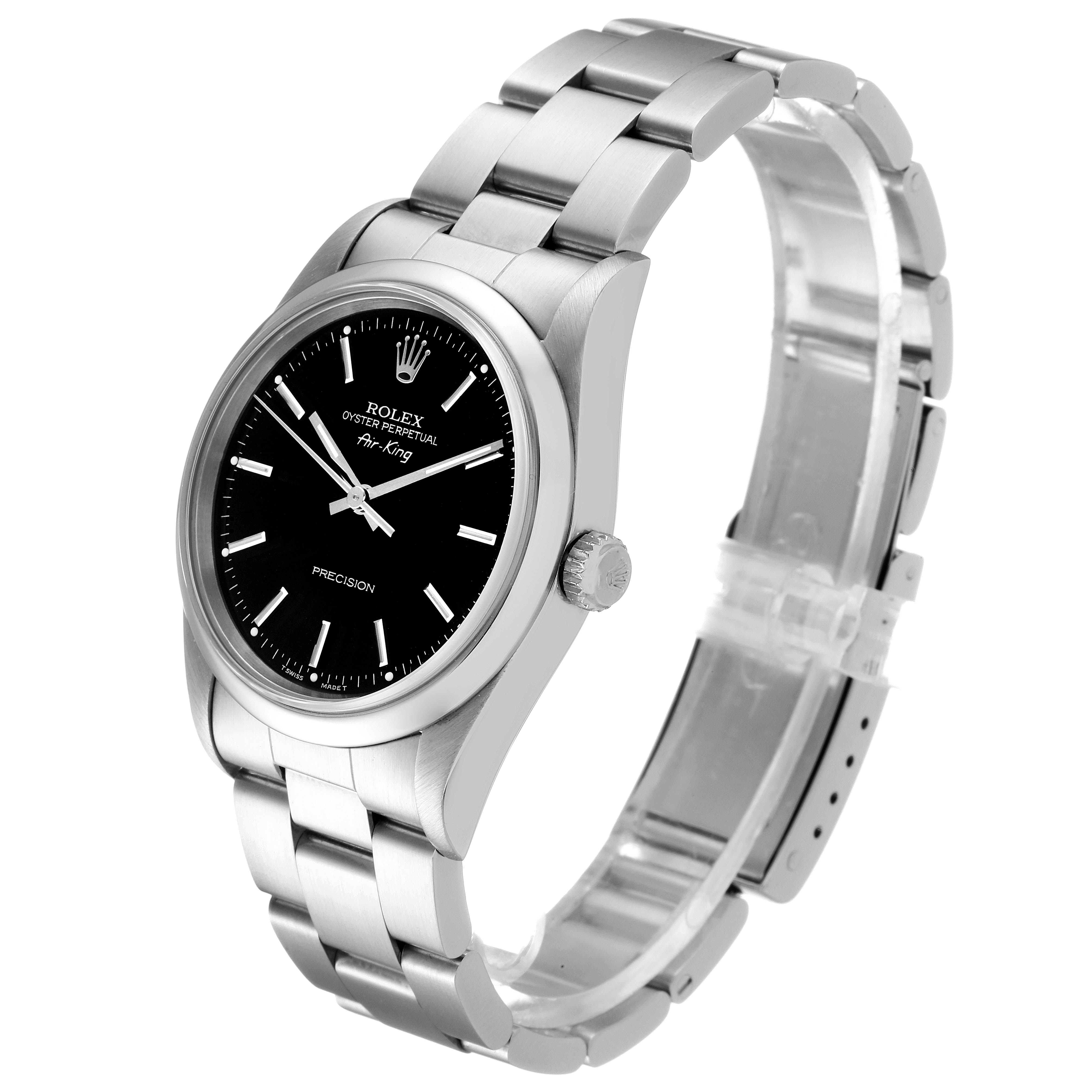 The image shows a side-angle view of a Rolex Air-King 14000 Men's Stainless Steel Black Dial 14000 Men's Stainless Steel Black Dial watch, displaying the face, bracelet, and crown.