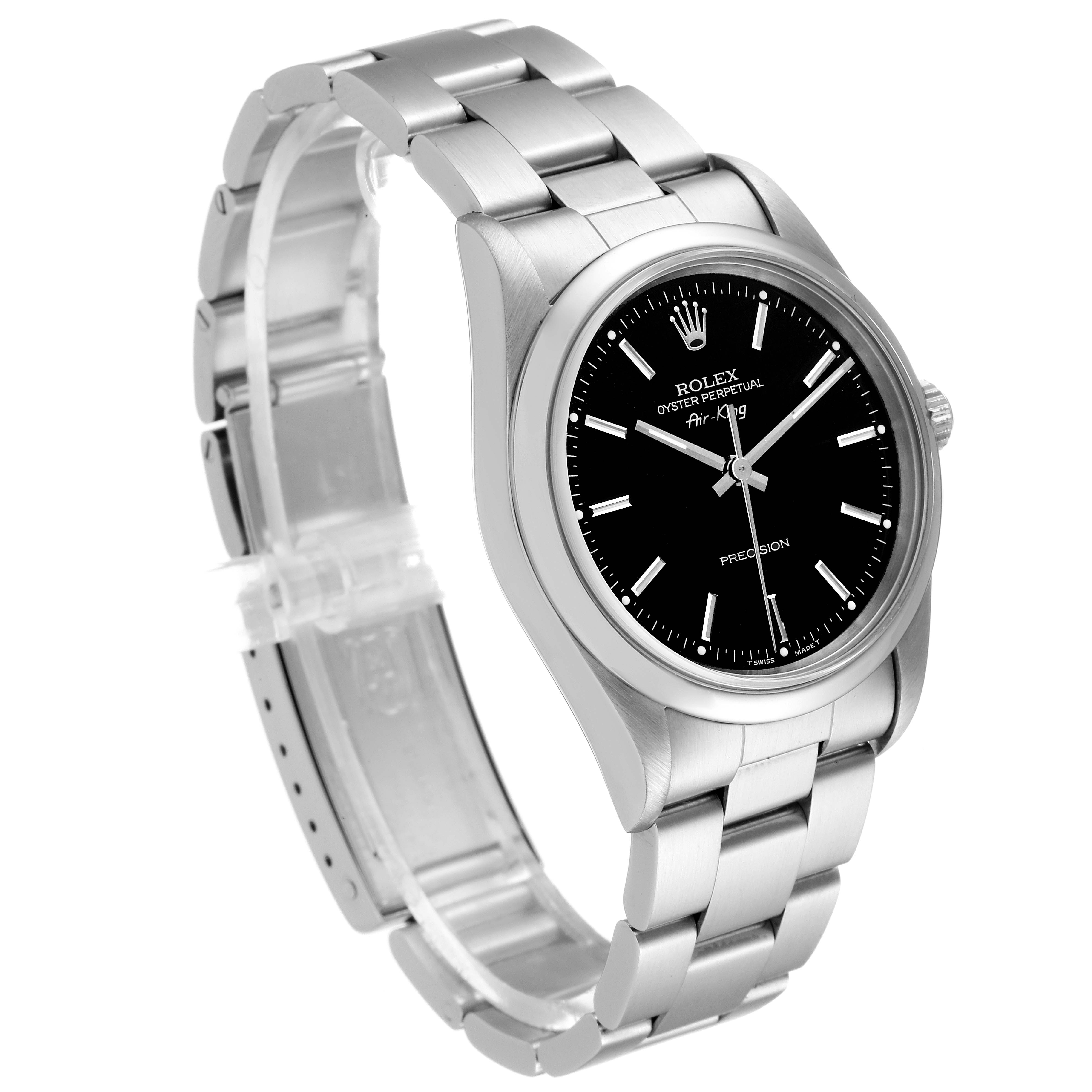 The Rolex Air-King 14000 Men's Stainless Steel Black Dial 14000 Men's Stainless Steel Black Dial watch is shown at a three-quarter angle, highlighting the black dial, stainless steel case, and bracelet.