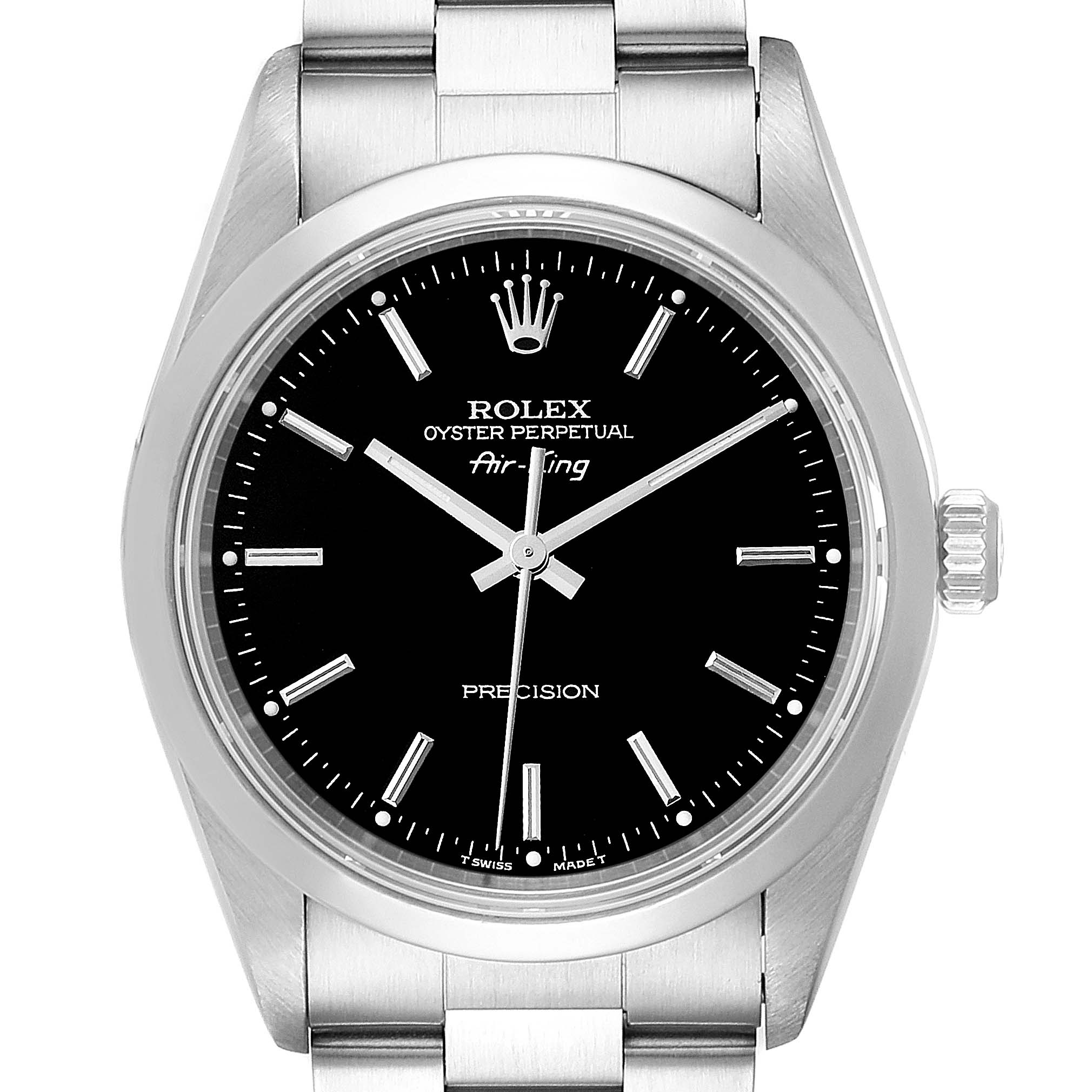This image shows a front view of the Rolex Air-King 14000 Men's Stainless Steel Black Dial 14000 Men's Stainless Steel Black Dial watch, displaying the dial, hands, markers, and stainless steel bracelet.