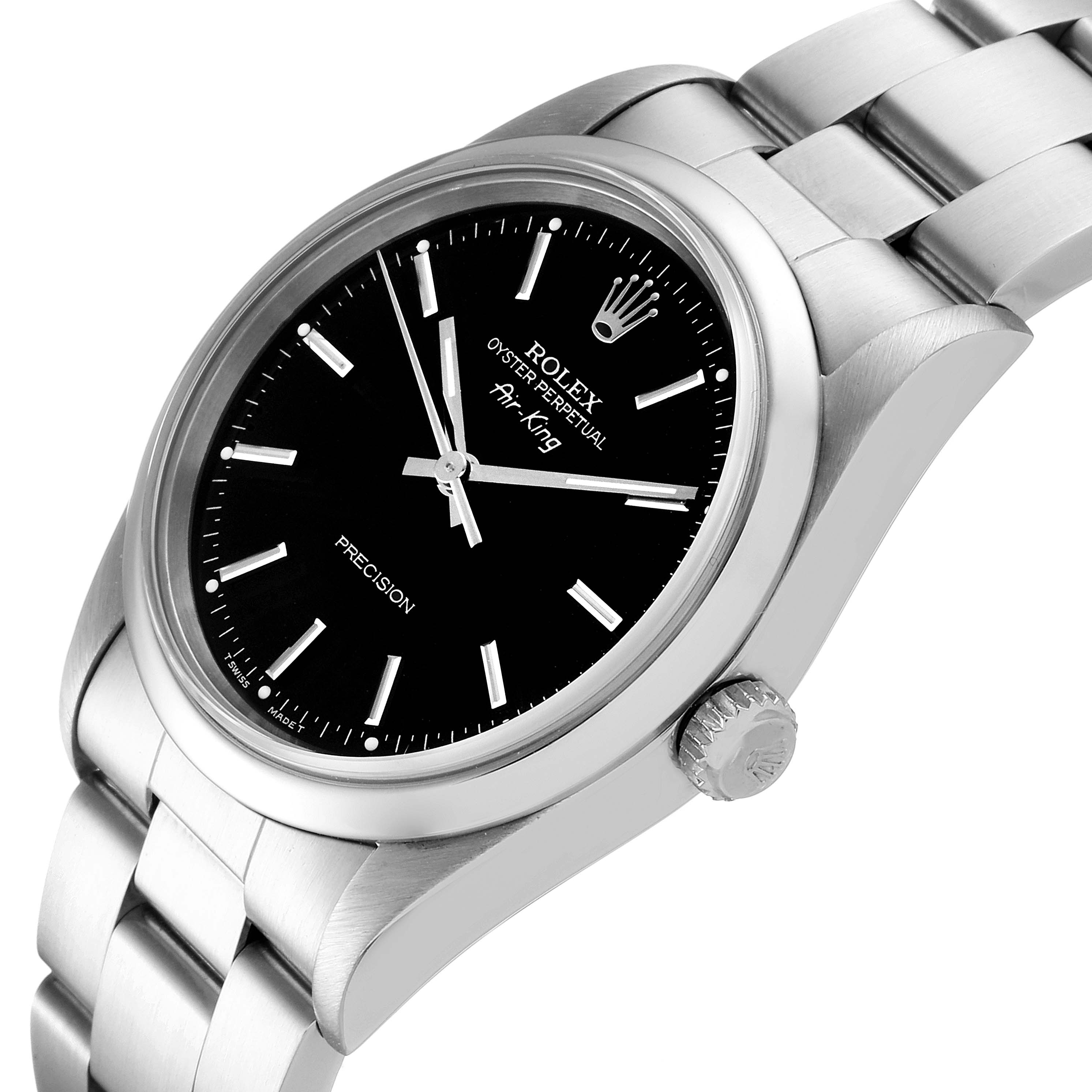 The image shows a side angle of a Rolex Air-King 14000 Men's Stainless Steel Black Dial 14000 Men's Stainless Steel Black Dial watch, highlighting the face, crown, and part of the bracelet.