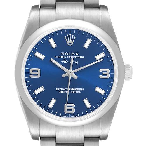 The Rolex Air-King 114200 Men's Stainless Steel Blue Dial watch is shown from the front, highlighting the dial, bezel, crown, and part of the bracelet.