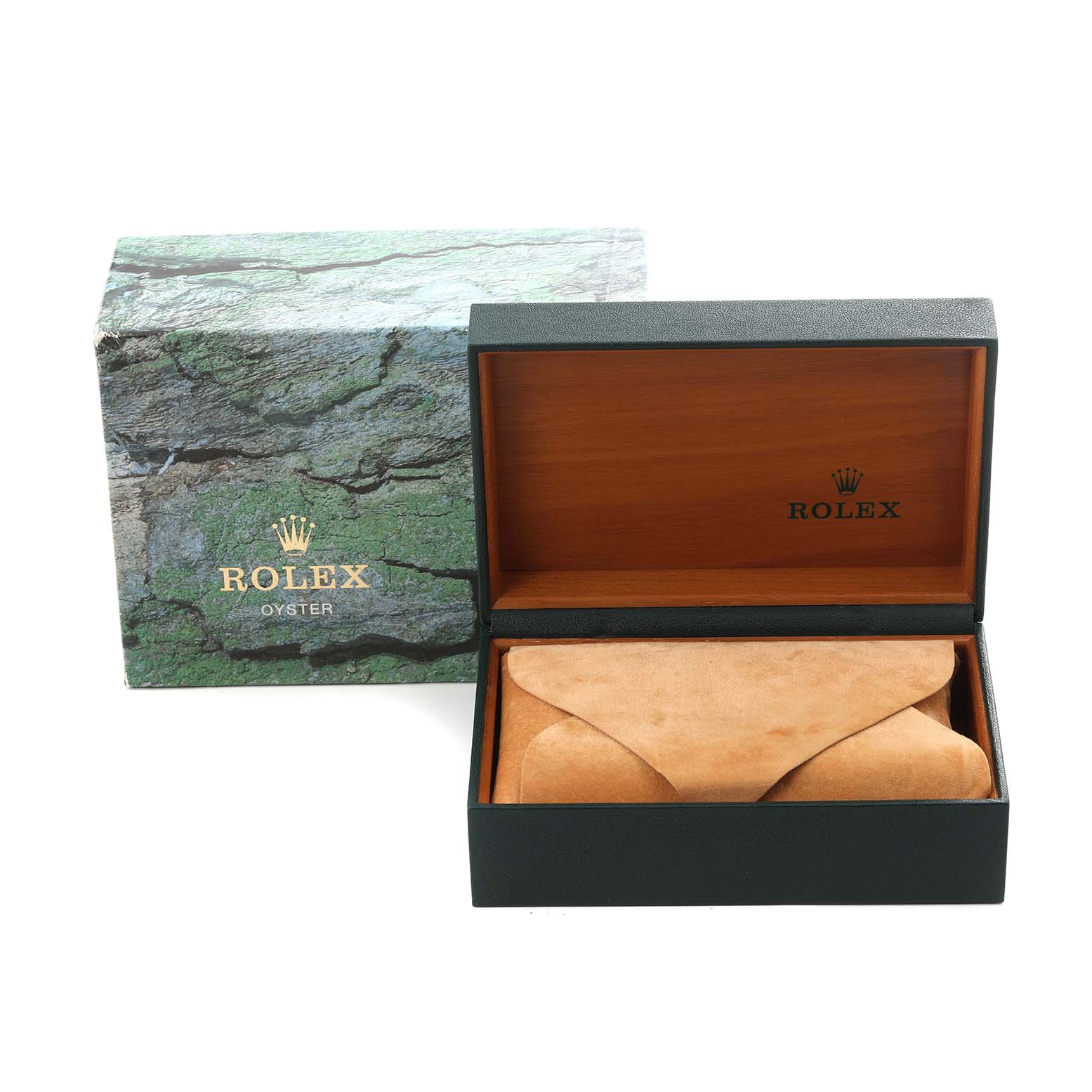 The image shows a Rolex Air-King 14010 Men's Stainless Steel Black Dial 14010 Men's Stainless Steel Black Dial watch box set with an outer box and an open inner box containing a suede pouch.