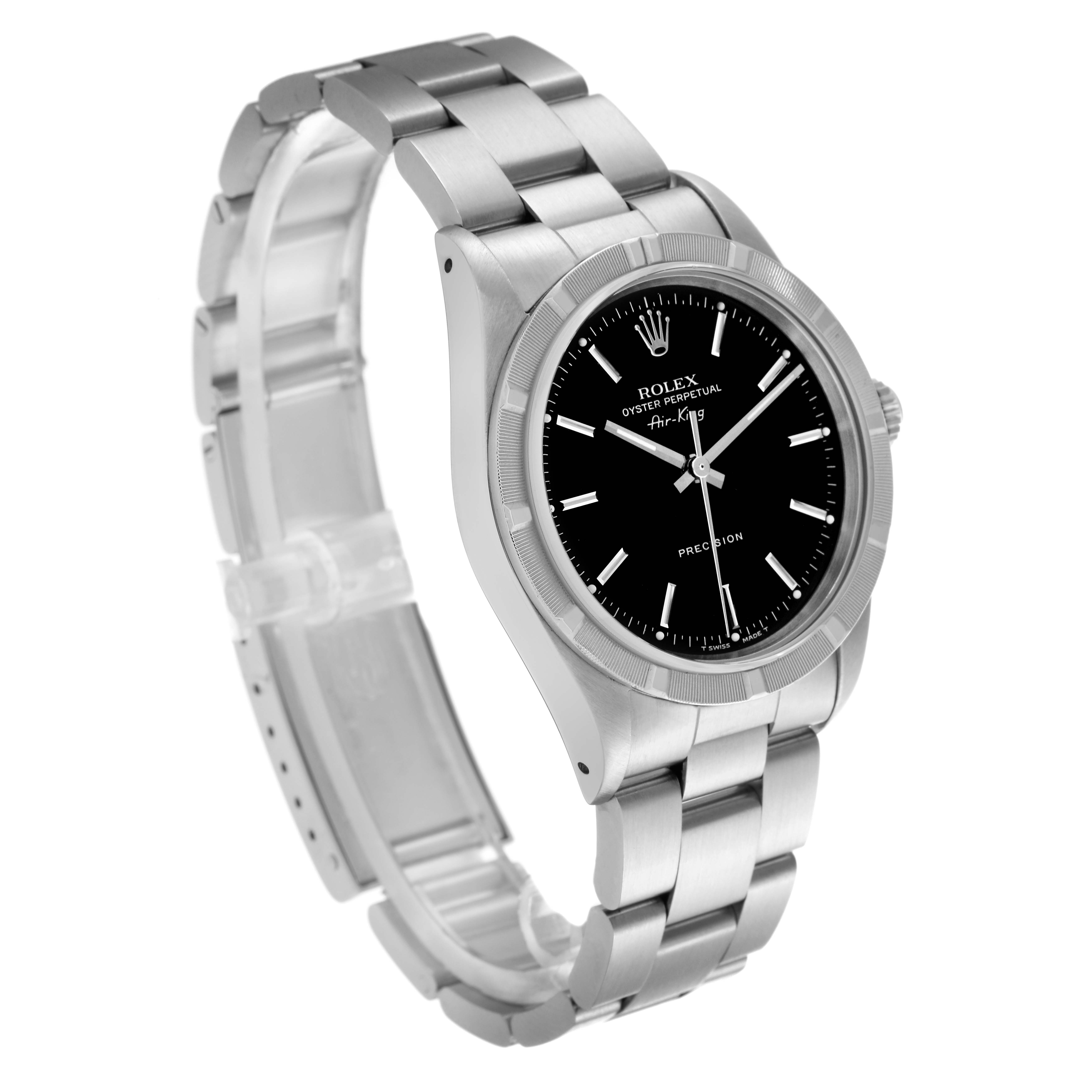 The Rolex Air-King 14010 Men's Stainless Steel Black Dial 14010 Men's Stainless Steel Black Dial is shown from a front-left angle, displaying its entire bracelet, bezel, and dial.