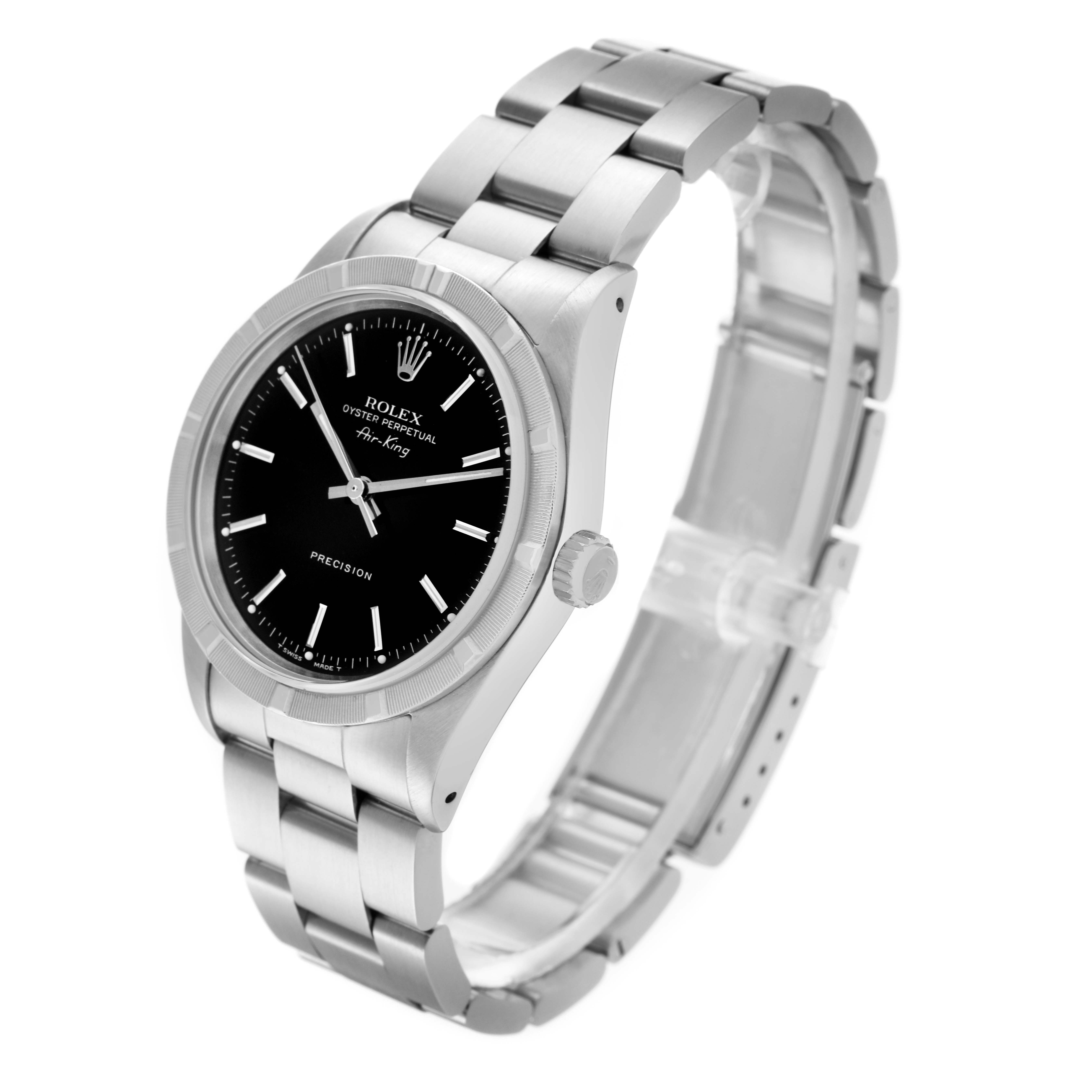 The Rolex Air-King 14010 Men's Stainless Steel Black Dial 14010 Men's Stainless Steel Black Dial watch is shown at a three-quarter angle, displaying the face, bezel, crown, and part of the bracelet.