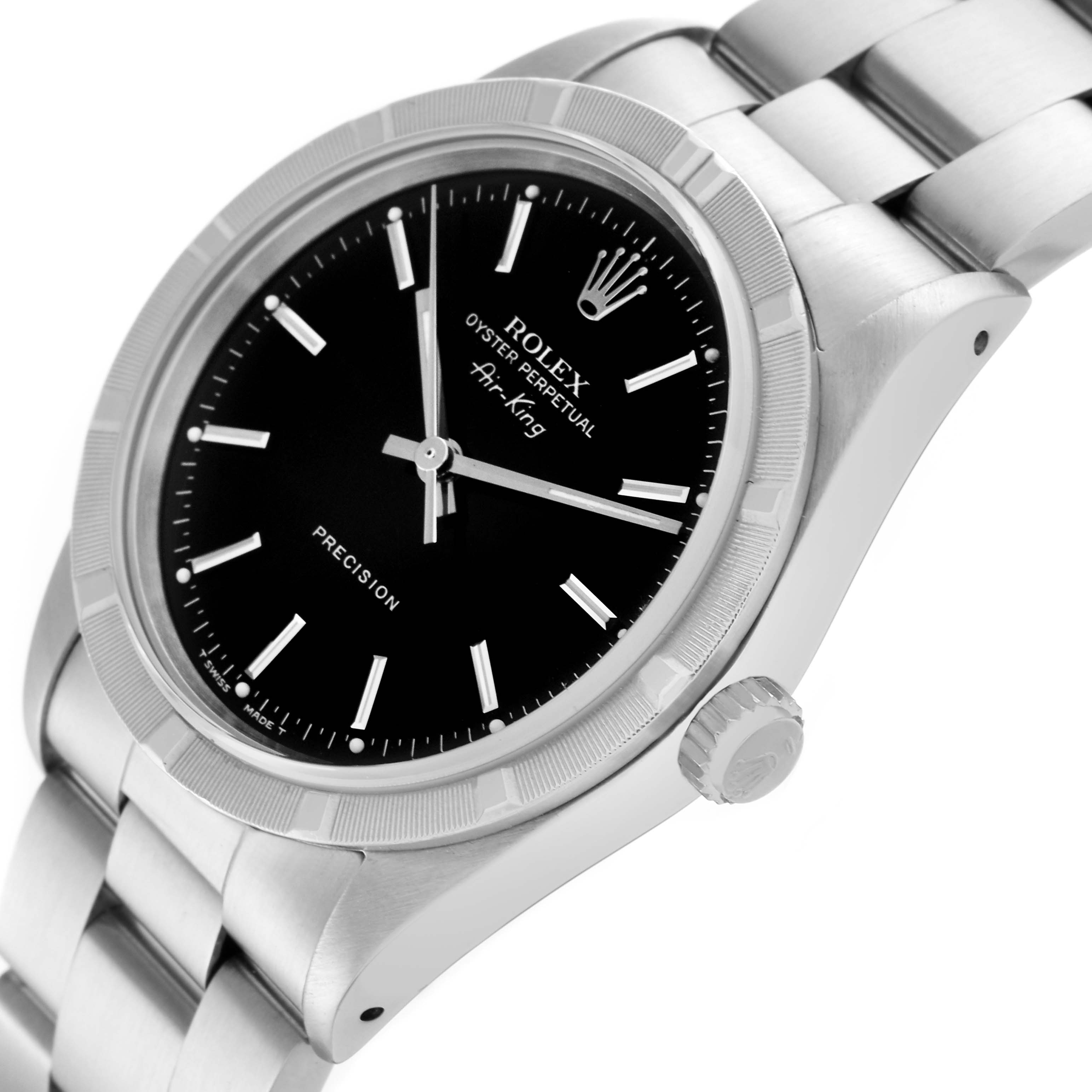 The Rolex Air-King 14010 Men's Stainless Steel Black Dial 14010 Men's Stainless Steel Black Dial watch is shown from a side angle highlighting the black dial, bezel, crown, and part of the bracelet.