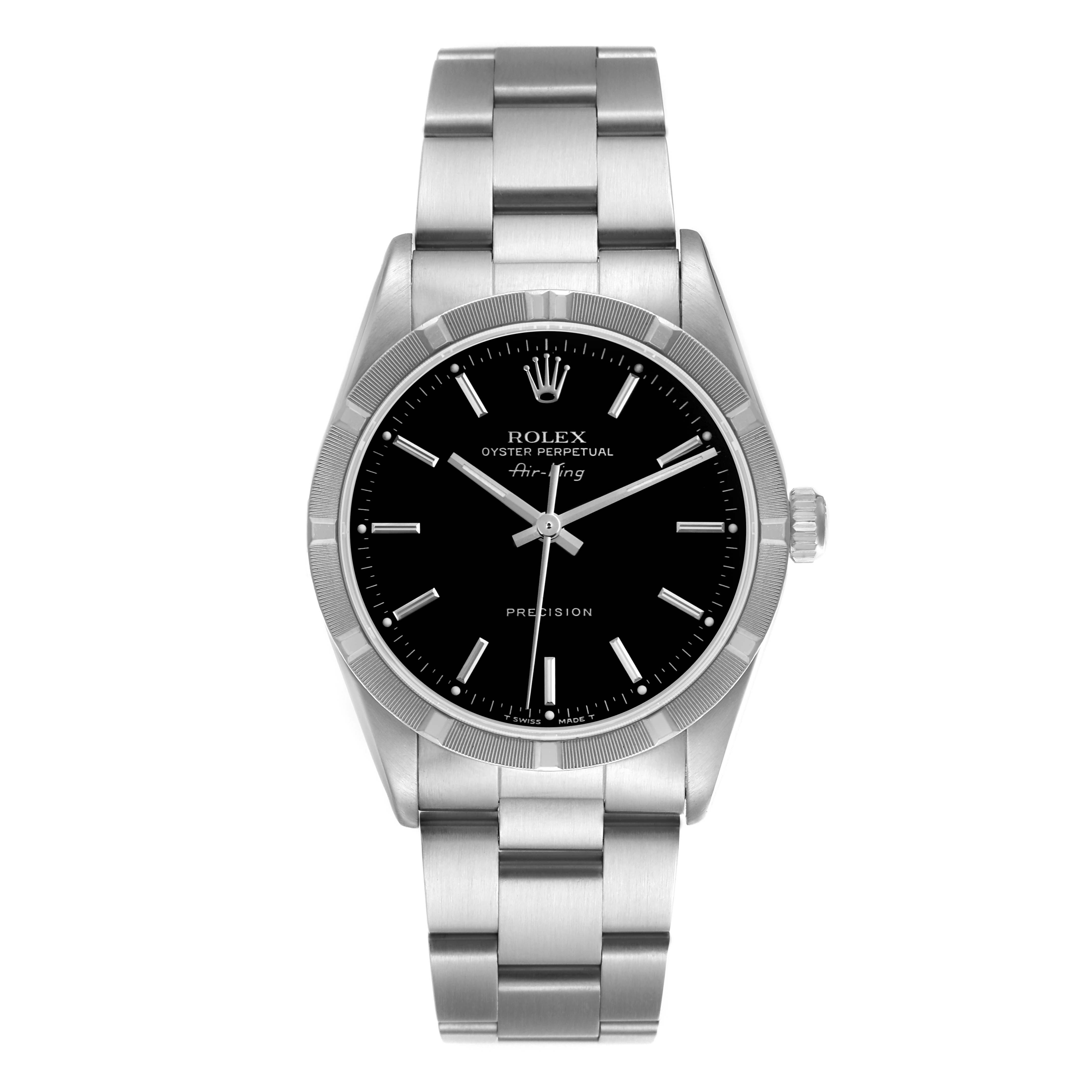 The Rolex Air-King 14010 Men's Stainless Steel Black Dial 14010 Men's Stainless Steel Black Dial watch is shown from a front angle, displaying the bracelet, bezel, dial, and crown.