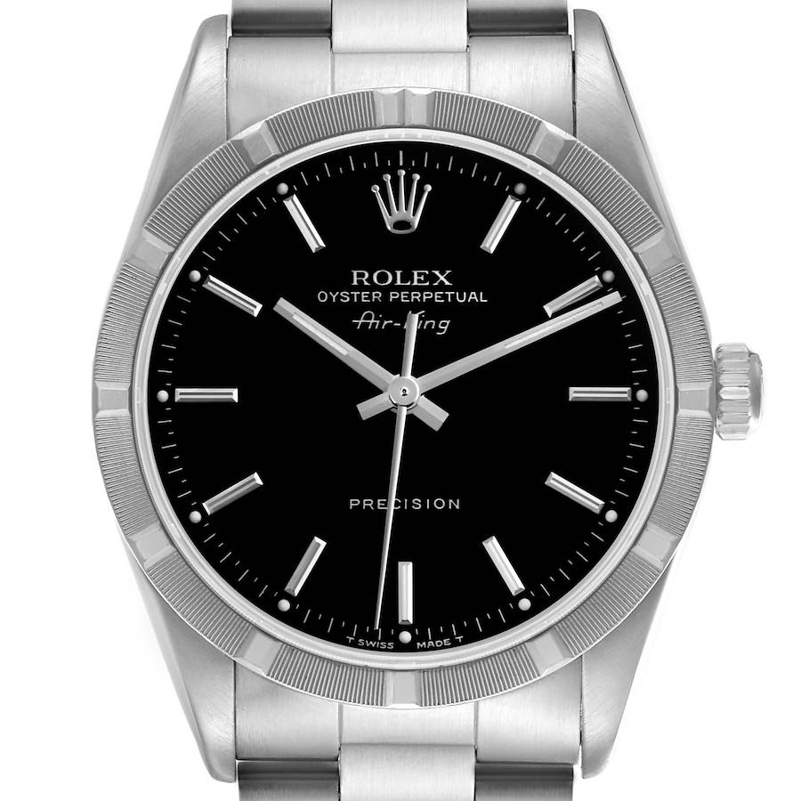 The Rolex Air-King watch is shown from a front angle, highlighting the dial, bezel, and part of the bracelet.