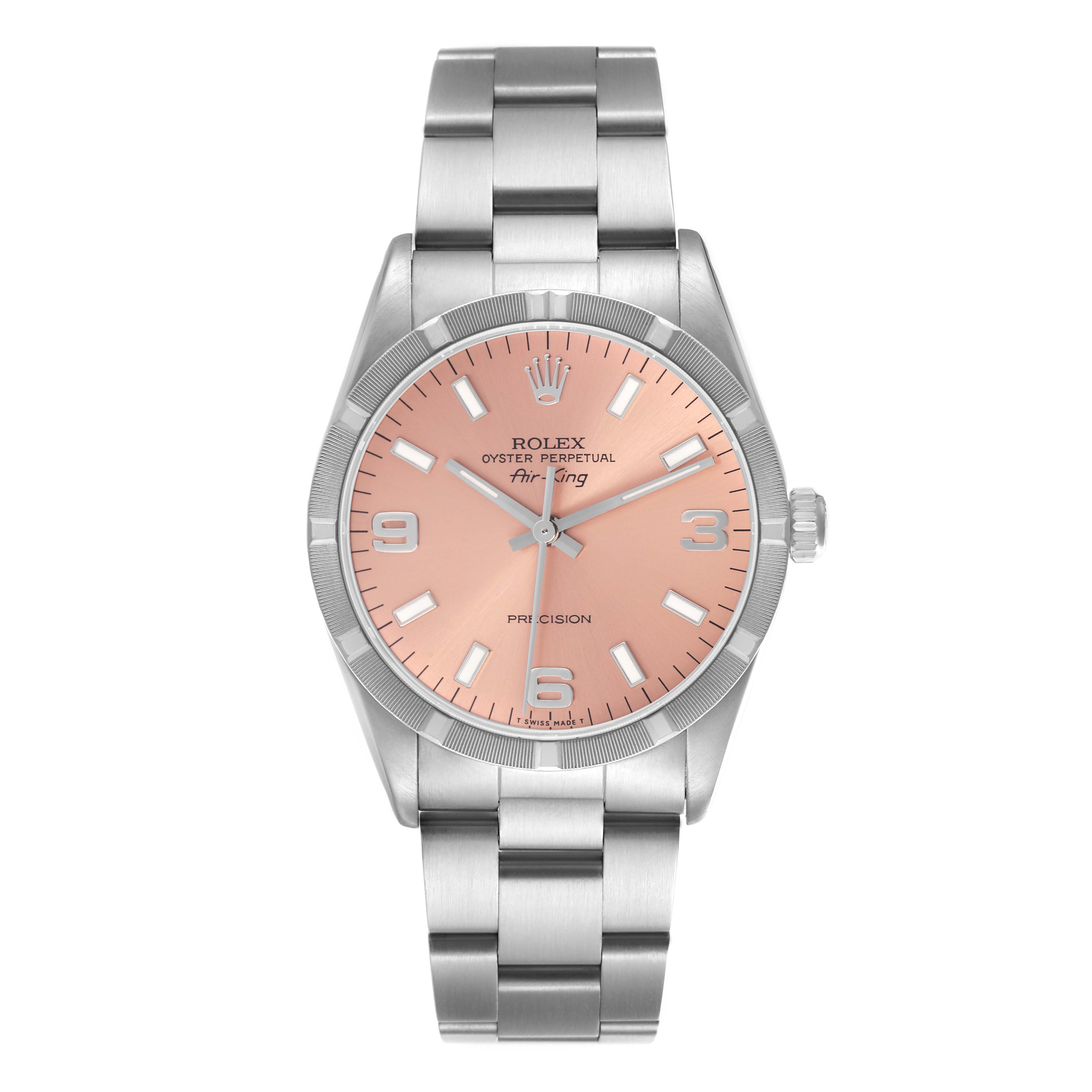 The Rolex Air-King 14010 Men's Stainless Steel Pink Dial 14010 Men's Stainless Steel Pink Dial watch is shown from a top-down angle, displaying the dial, bezel, case, and bracelet.