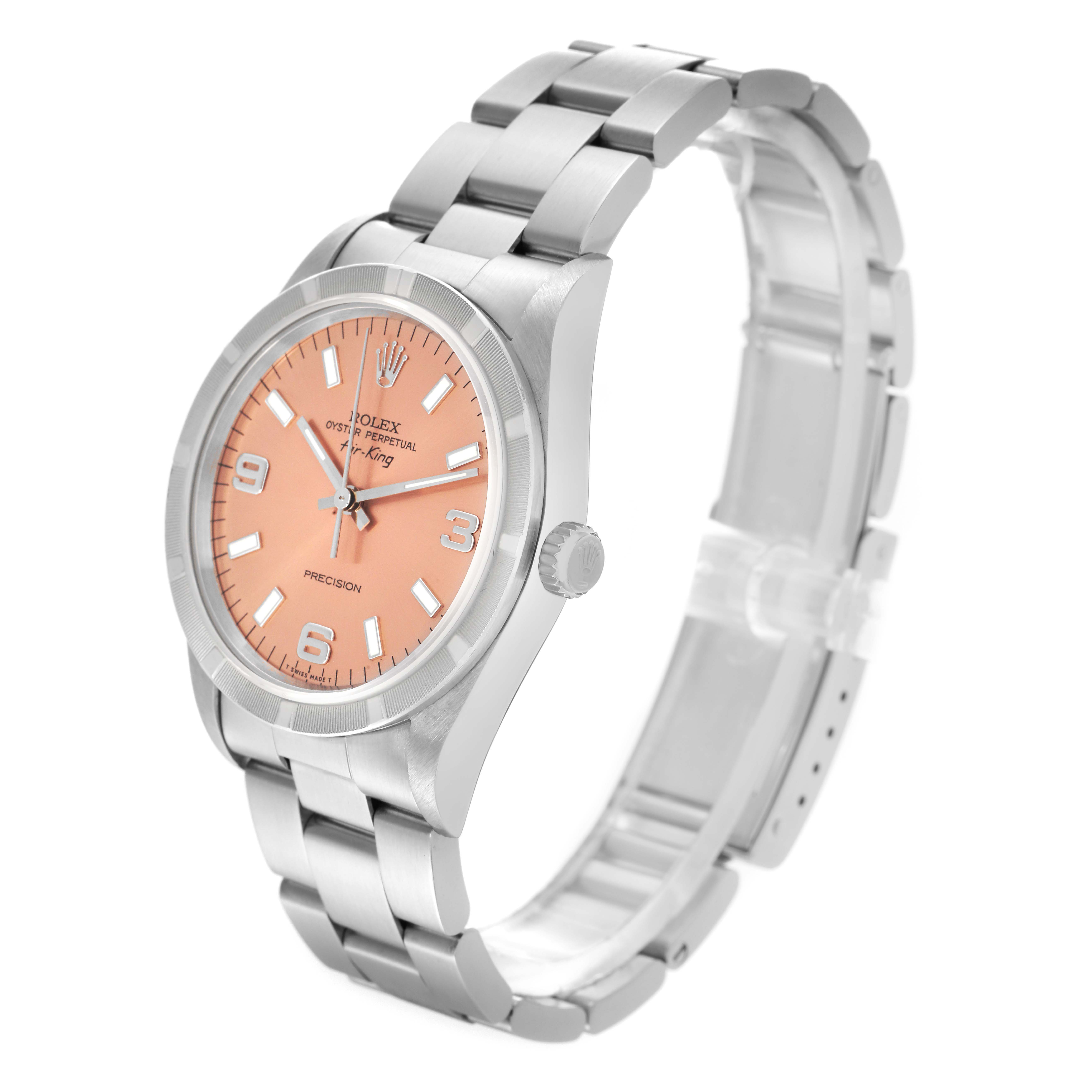 The Rolex Air-King 14010 Men's Stainless Steel Pink Dial 14010 Men's Stainless Steel Pink Dial watch is shown at a three-quarter angle, highlighting the dial, bezel, and bracelet.