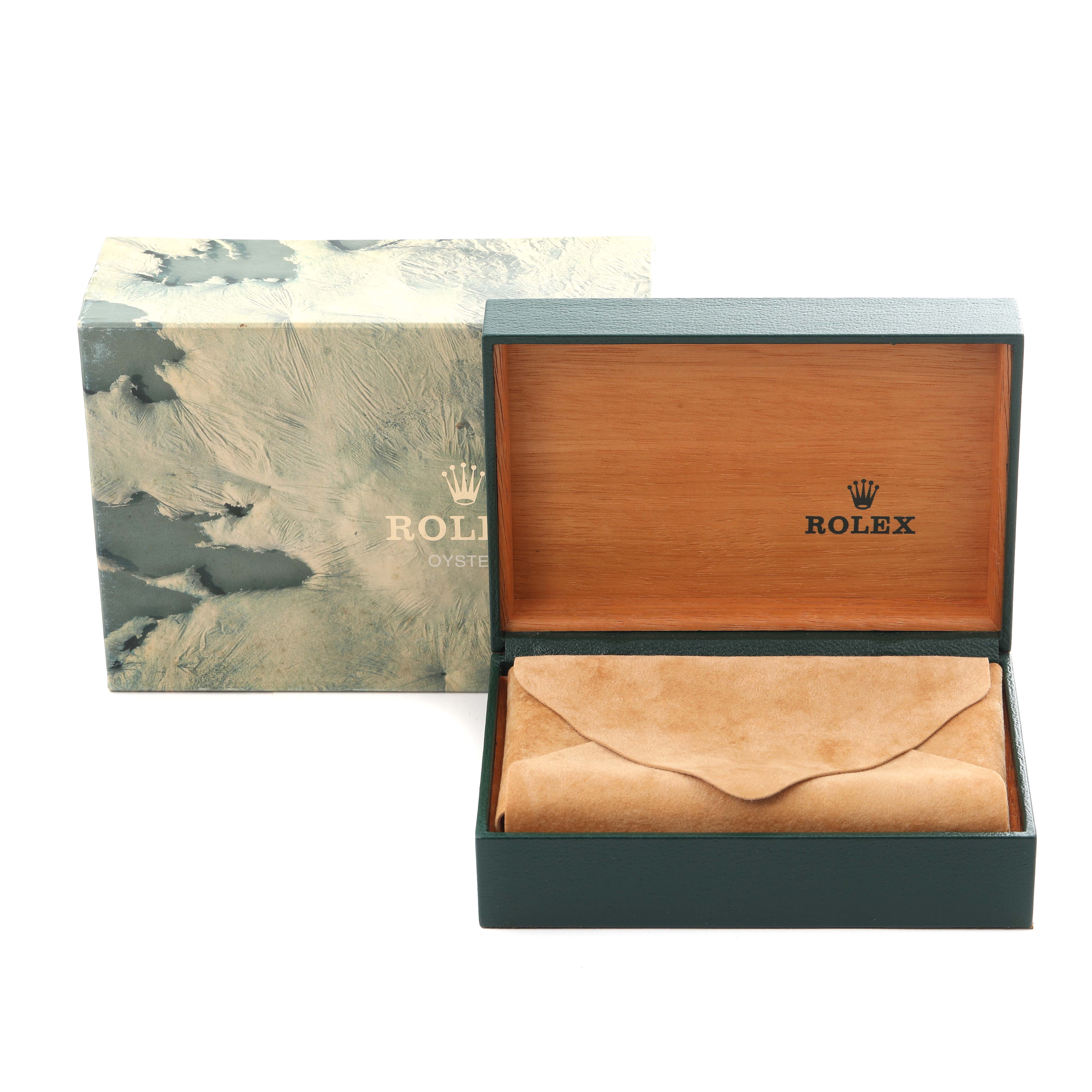 The image shows the open and closed boxes for the Rolex Air-King 14010 Men's Stainless Steel Pink Dial 14010 Men's Stainless Steel Pink Dial watch, with a wooden interior and branded exterior.