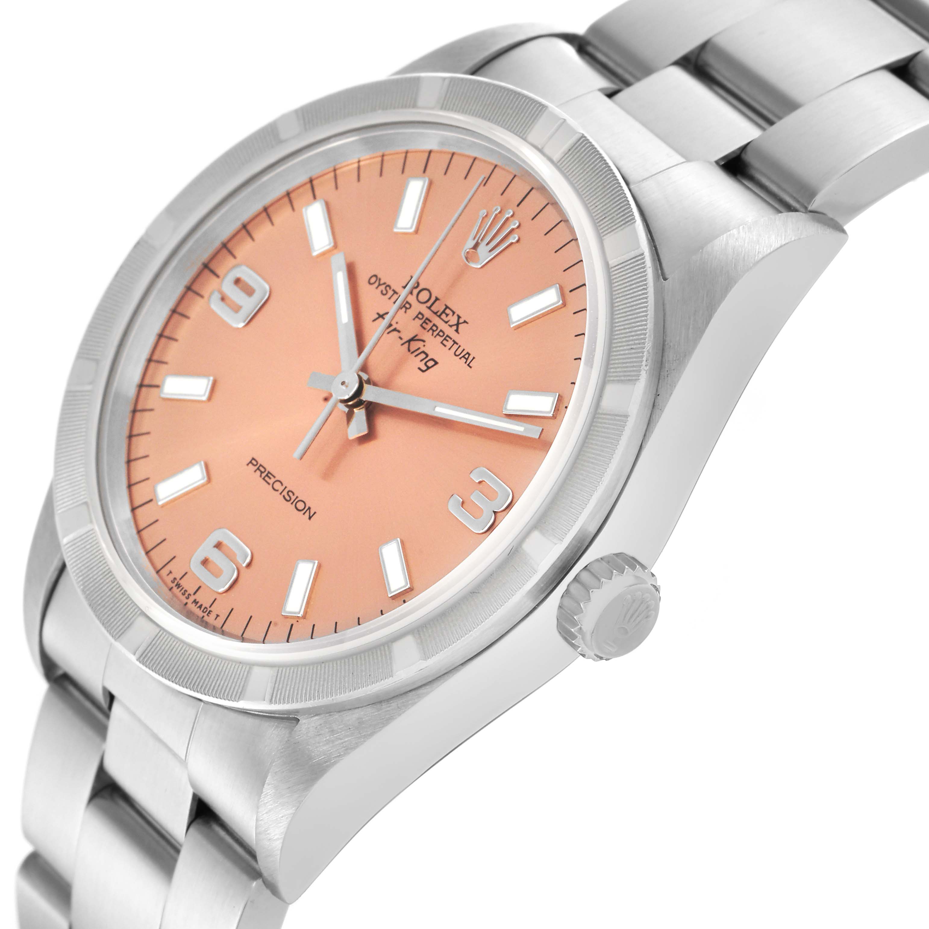 The Rolex Air-King 14010 Men's Stainless Steel Pink Dial 14010 Men's Stainless Steel Pink Dial watch is shown at an angled side view, highlighting the dial, crown, and bracelet.