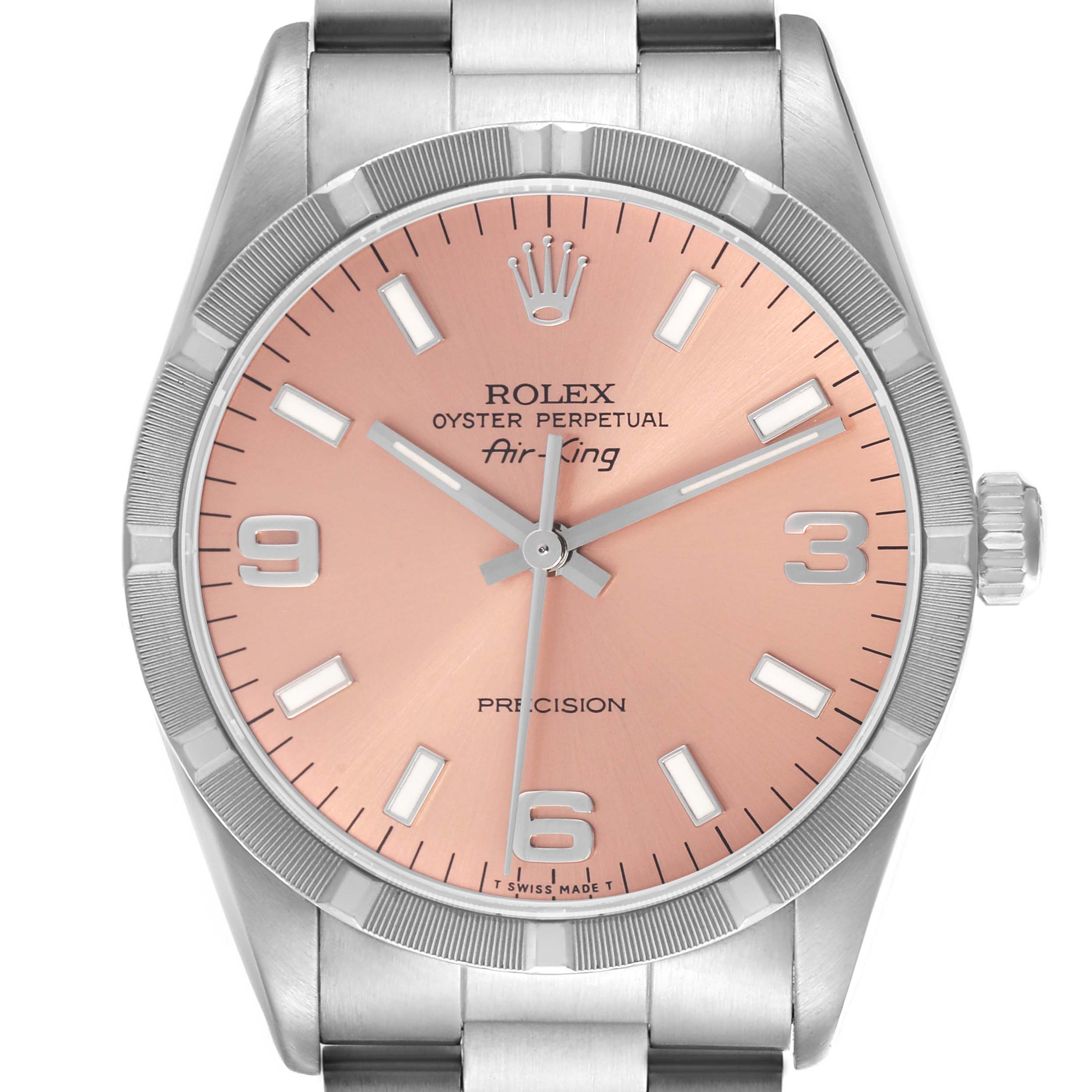 The Rolex Air-King 14010 Men's Stainless Steel Pink Dial 14010 Men's Stainless Steel Pink Dial watch is shown from a frontal angle, displaying the dial, bezel, crown, and part of the bracelet.