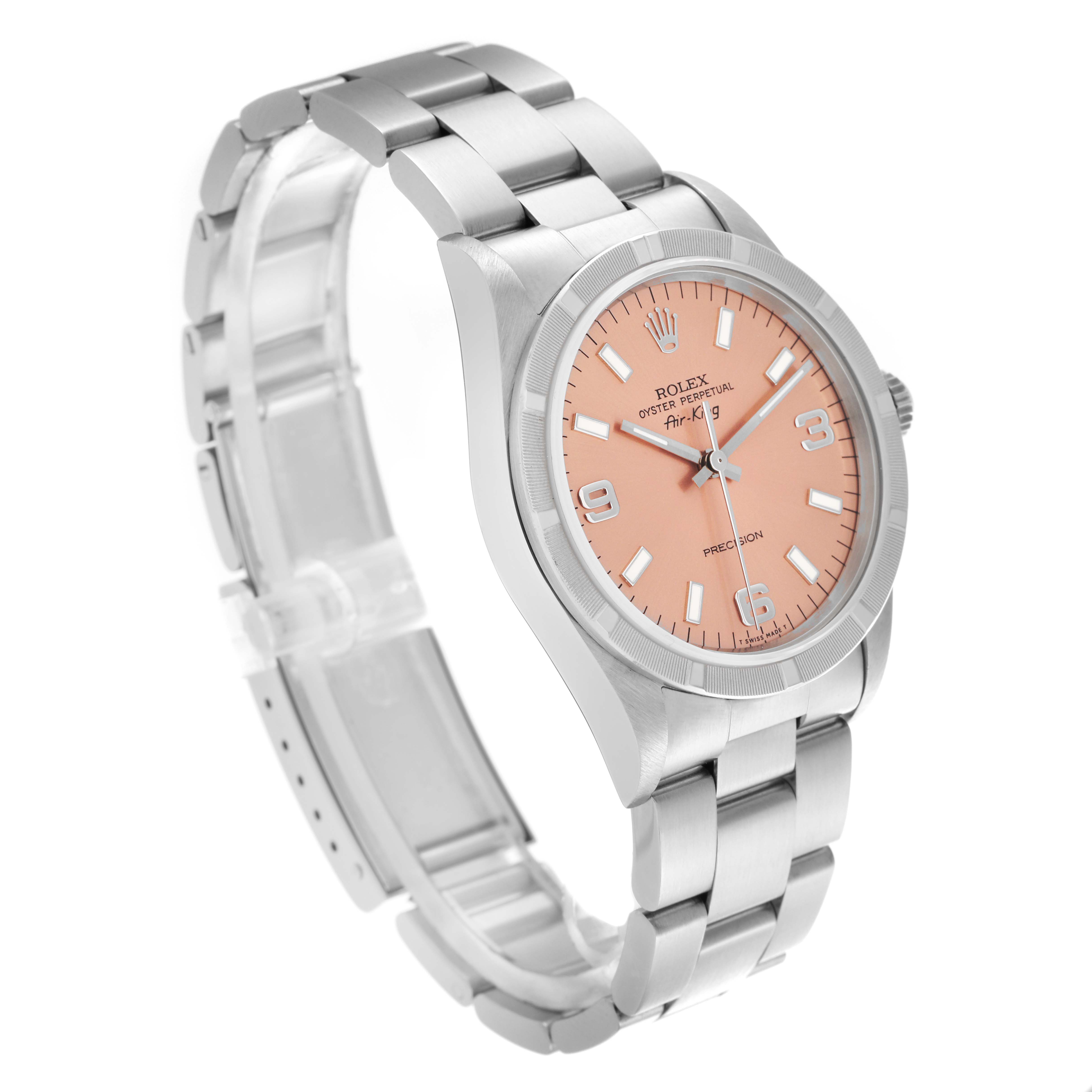 The Rolex Air-King 14010 Men's Stainless Steel Pink Dial 14010 Men's Stainless Steel Pink Dial watch is shown at a three-quarter angle, highlighting the dial, case, bracelet, and clasp.
