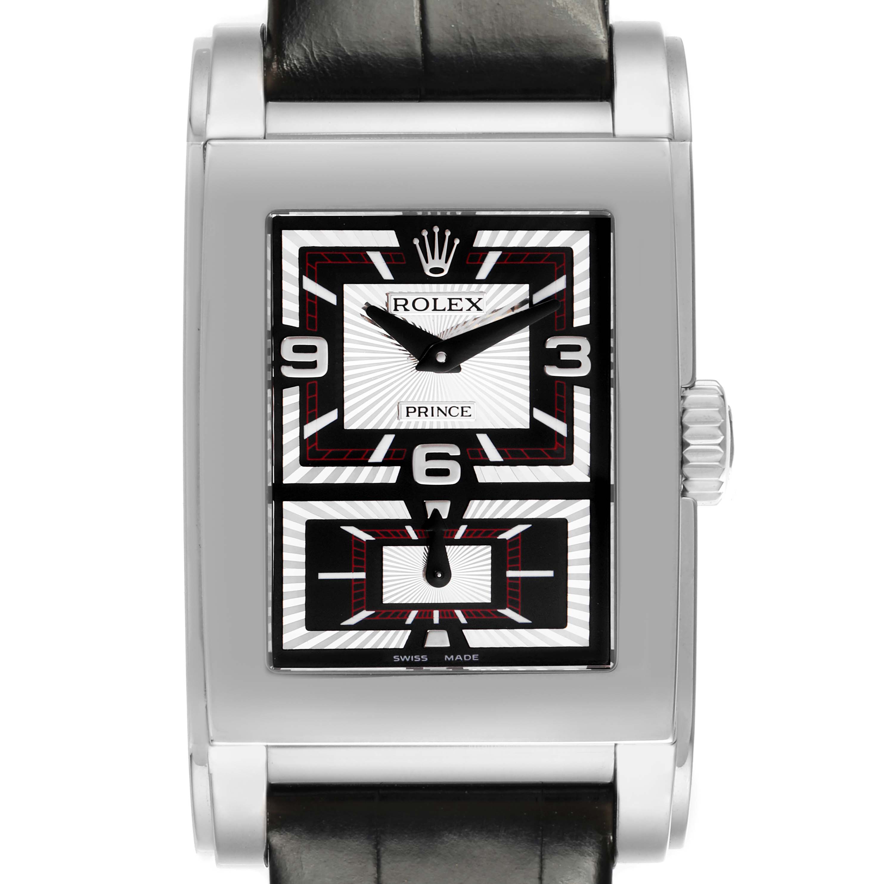 The image shows a front view of the Rolex Cellini 5443/9 Men's White Gold Silver Dial 5443/9 Men's White Gold Silver Dial watch, displaying its rectangular face, crown, and part of the black leather strap.