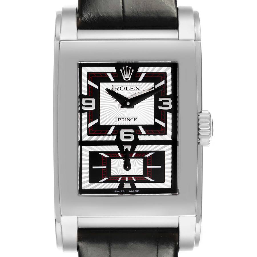 The image shows a front view of the Rolex Cellini watch, displaying its rectangular face, crown, and part of the black leather strap.