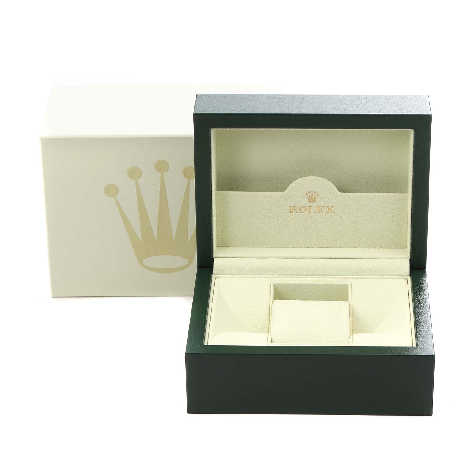The image shows an open box for a Rolex Cellini 5443/9 Men's White Gold Silver Dial 5443/9 Men's White Gold Silver Dial, featuring the brand logo and beige interior.
