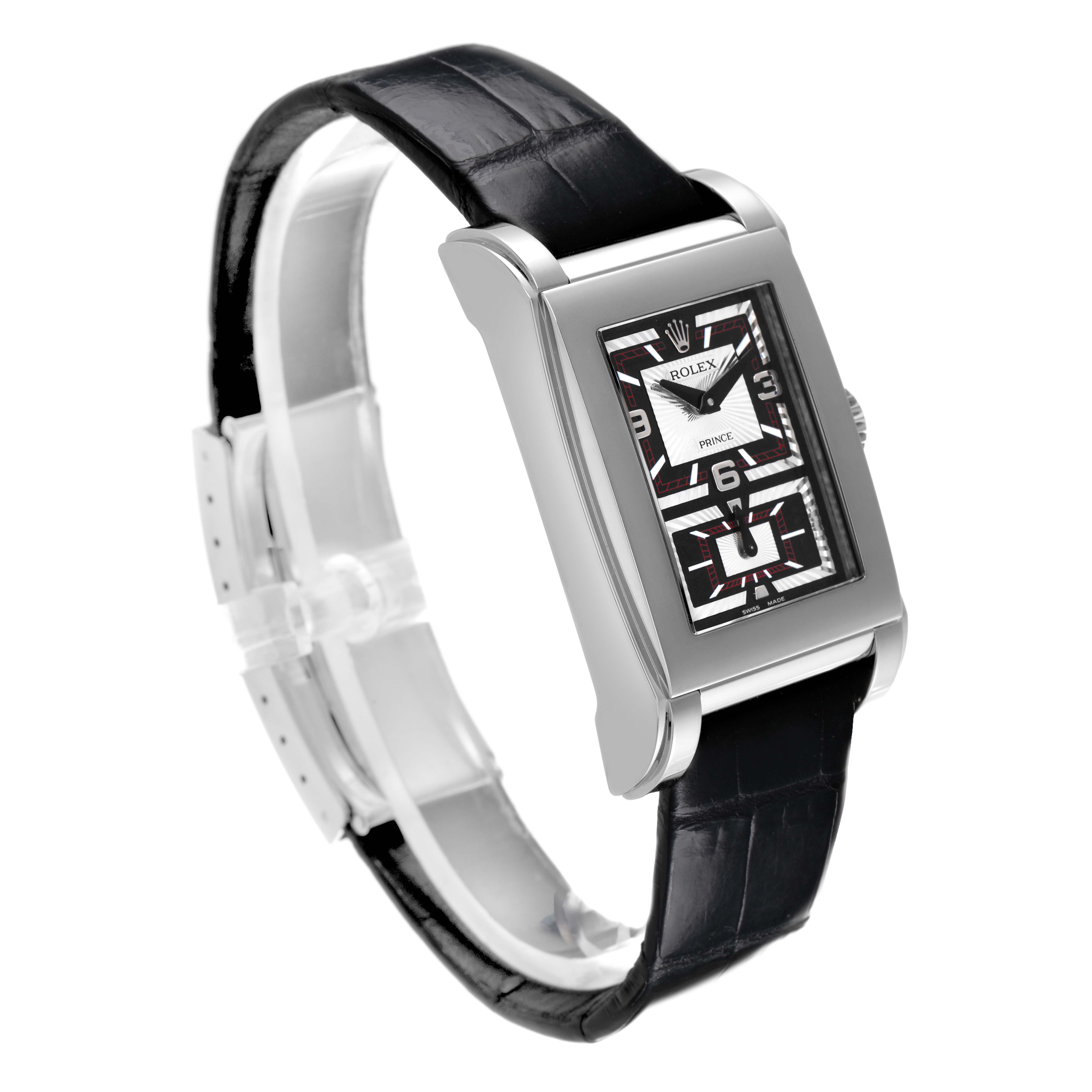 The Rolex Cellini 5443/9 Men's White Gold Silver Dial 5443/9 Men's White Gold Silver Dial watch is shown at a three-quarter angle, highlighting the rectangular case, black leather strap, and dial details.