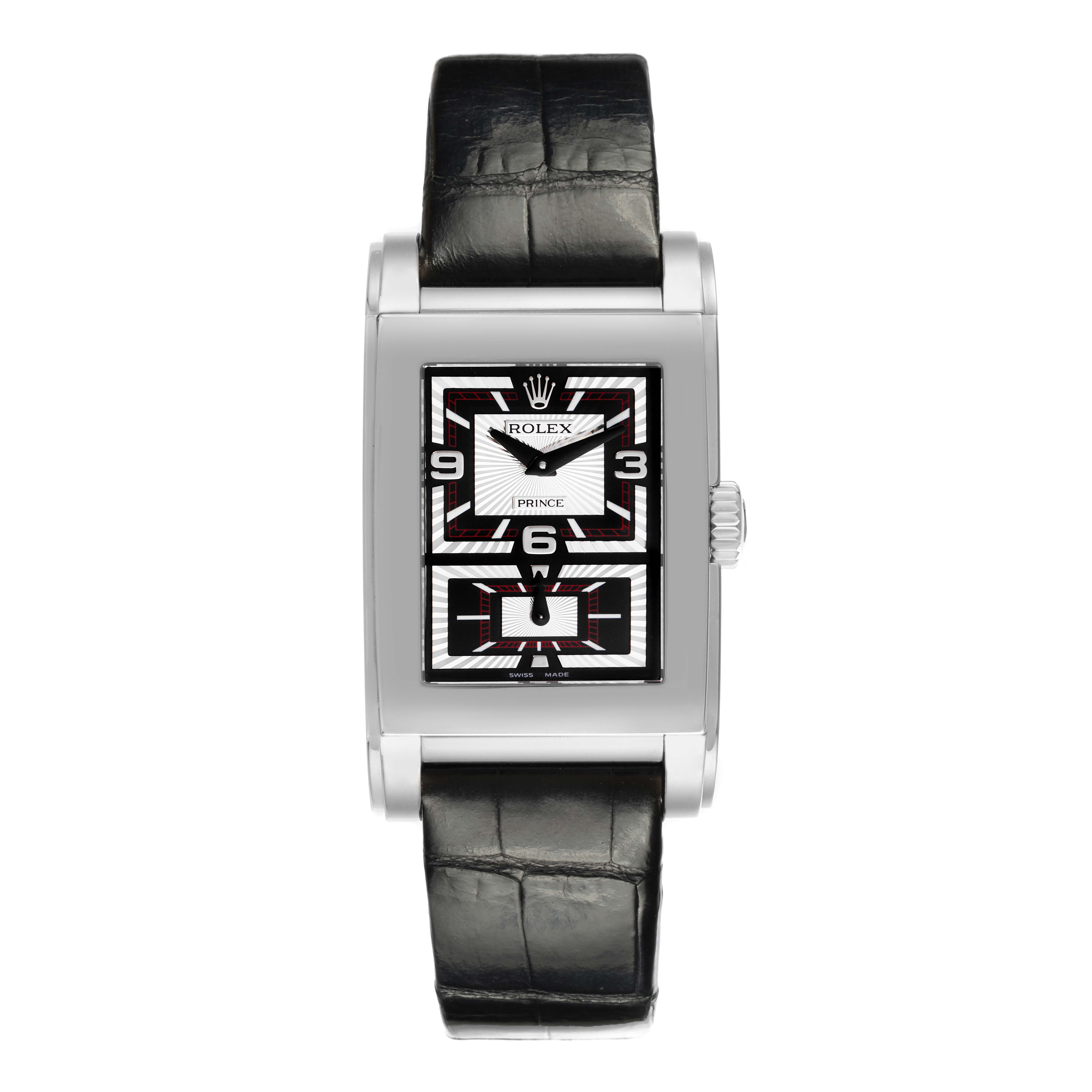 The Rolex Cellini 5443/9 Men's White Gold Silver Dial 5443/9 Men's White Gold Silver Dial watch is shown from a front angle, displaying its rectangular dial and black leather strap.