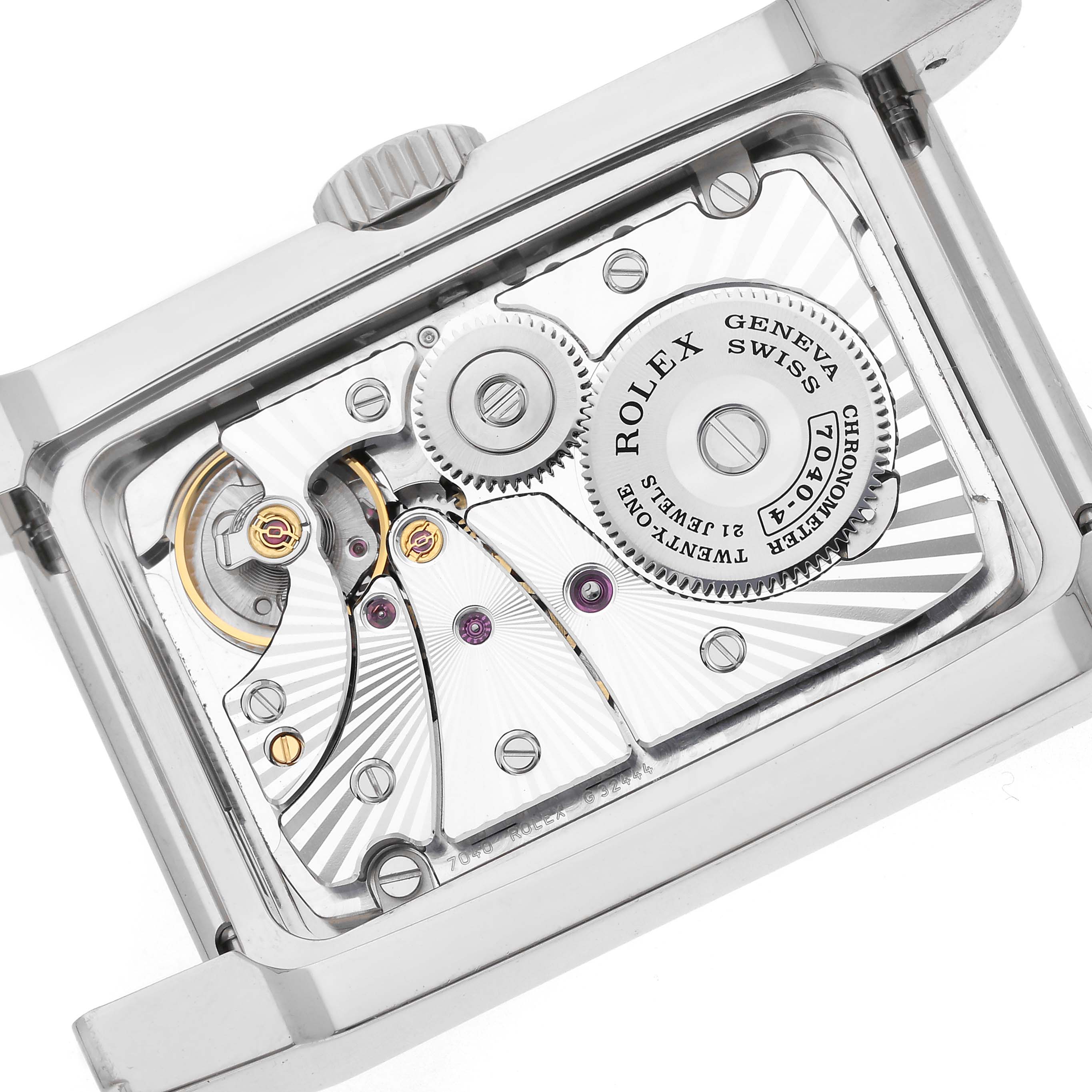 The image shows the Rolex Cellini 5443/9 Men's White Gold Silver Dial 5443/9 Men's White Gold Silver Dial's movement from the back, highlighting its intricate gears and mechanisms.