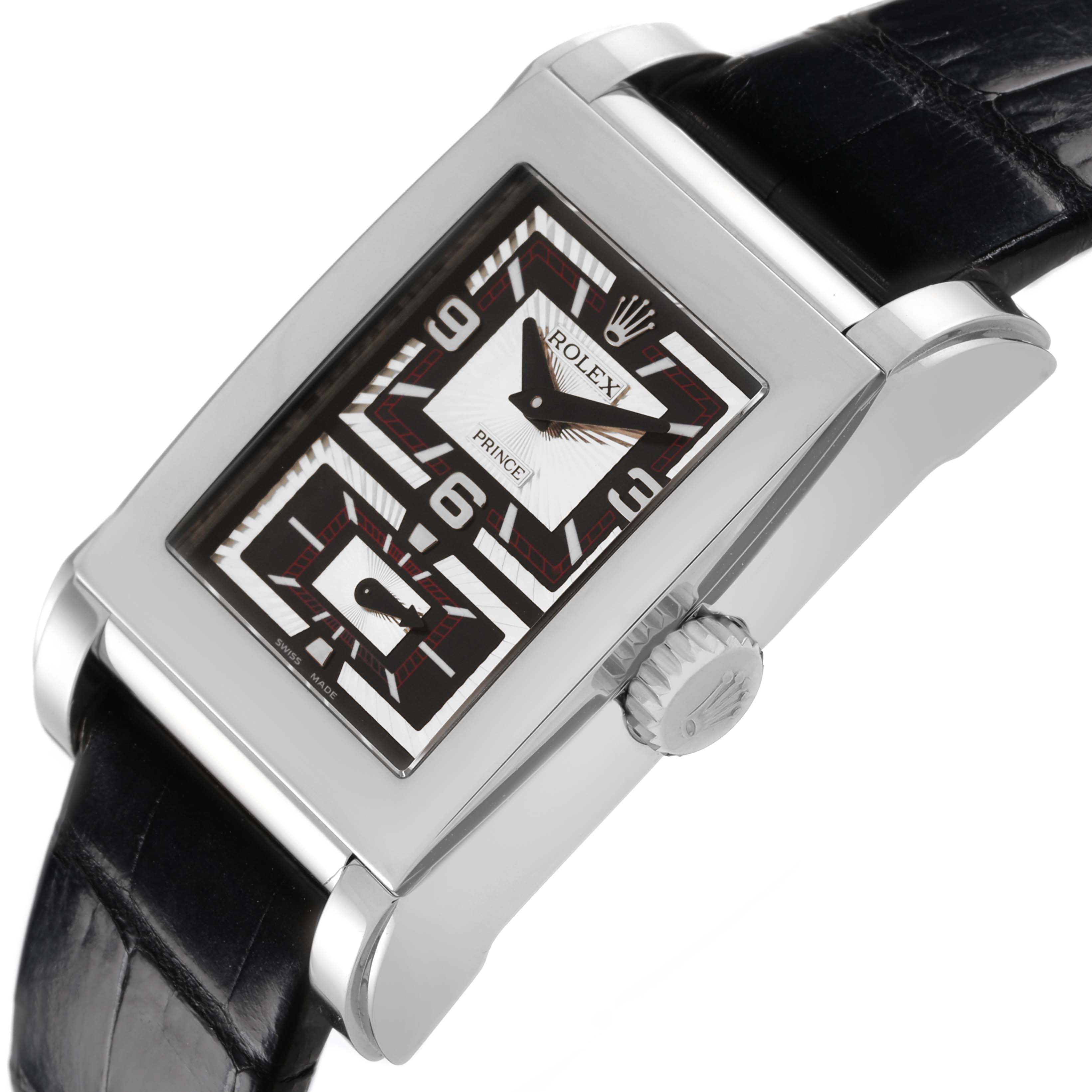 The Rolex Cellini 5443/9 Men's White Gold Silver Dial 5443/9 Men's White Gold Silver Dial watch is shown at an angled side view, highlighting the case, crown, and part of the strap.