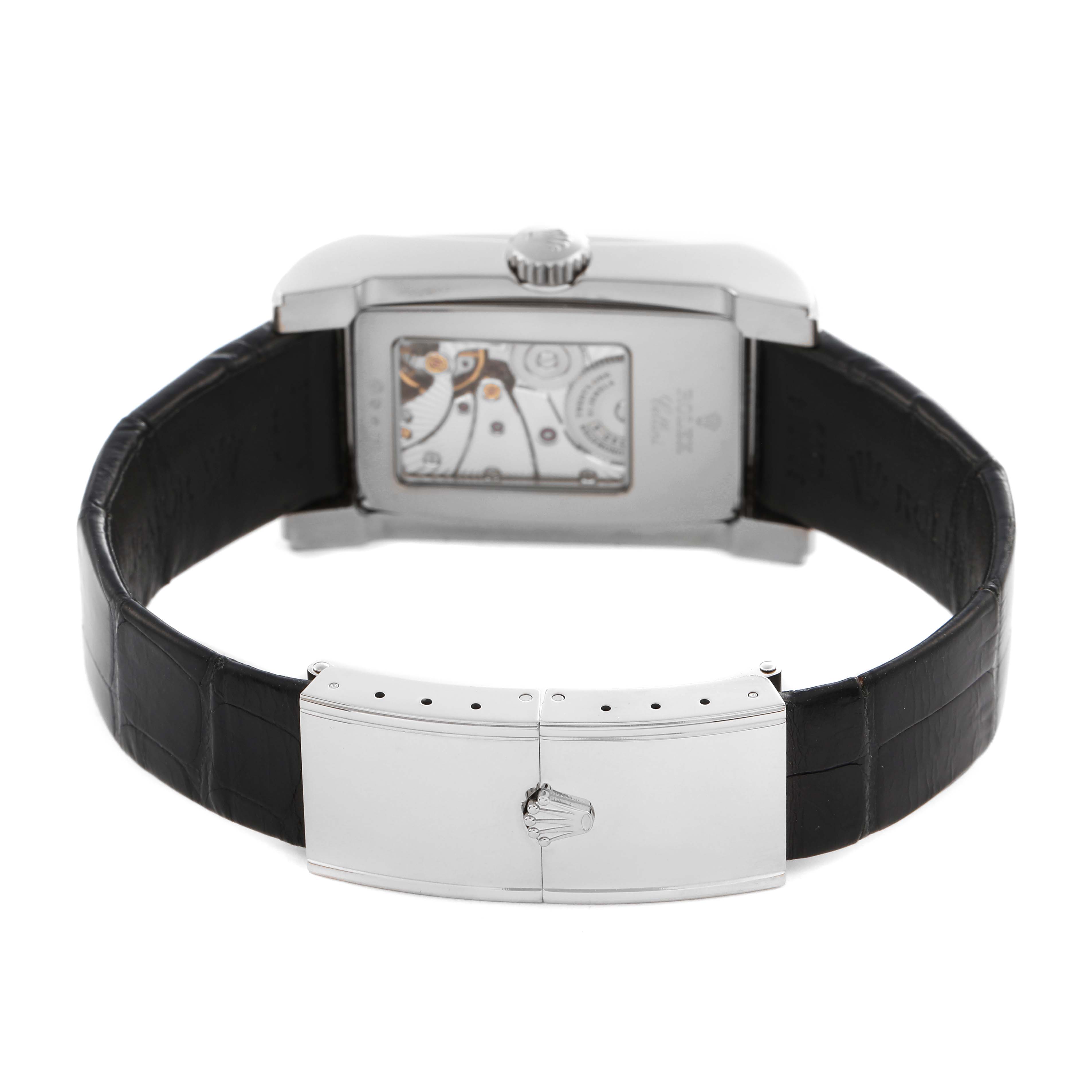 The Rolex Cellini 5443/9 Men's White Gold Silver Dial 5443/9 Men's White Gold Silver Dial watch is shown from the back, displaying its leather strap and clasp, with a view of the case back.