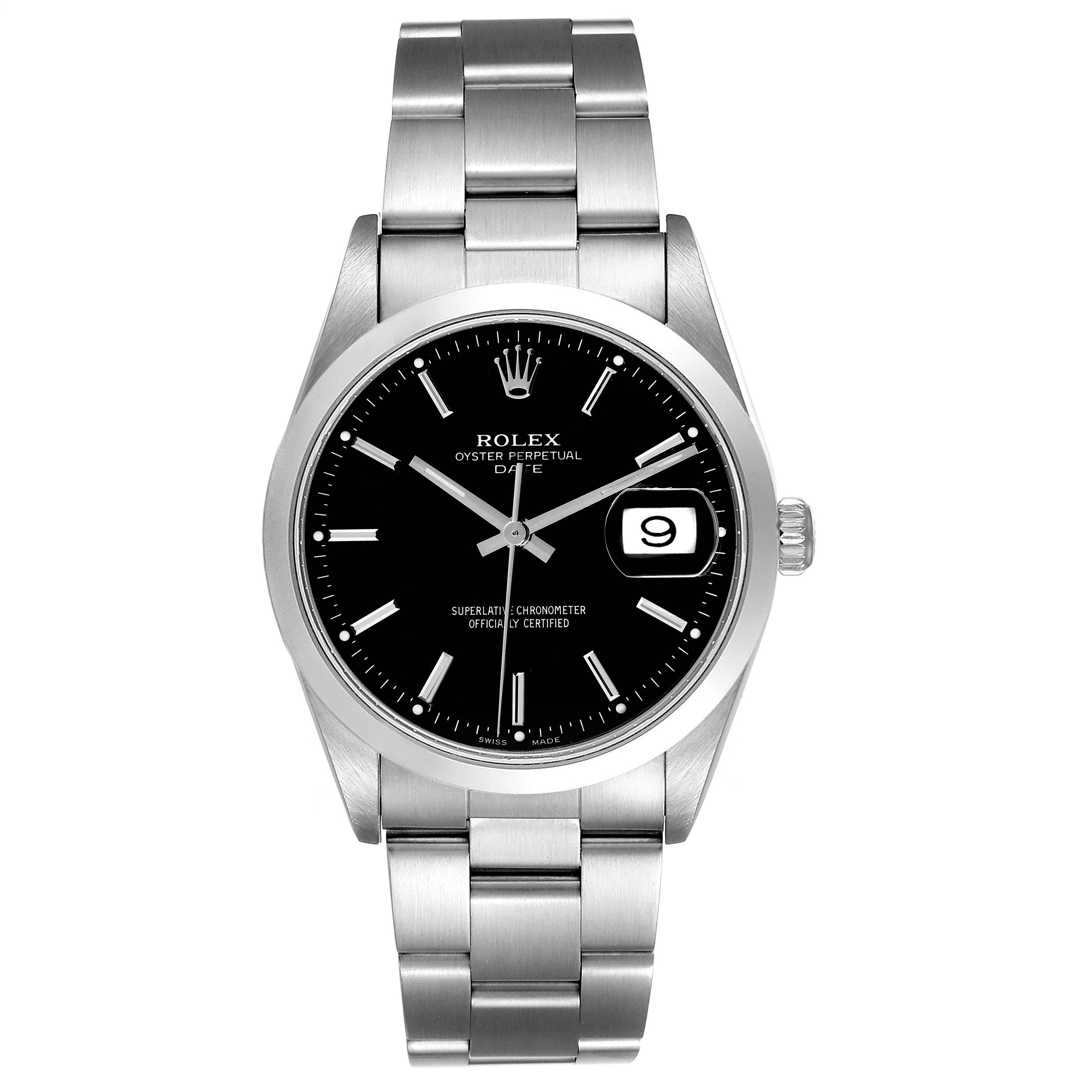 The image shows a front view of the Rolex Oyster Perpetual Date watch, displaying its black dial, date window, and stainless steel bracelet.