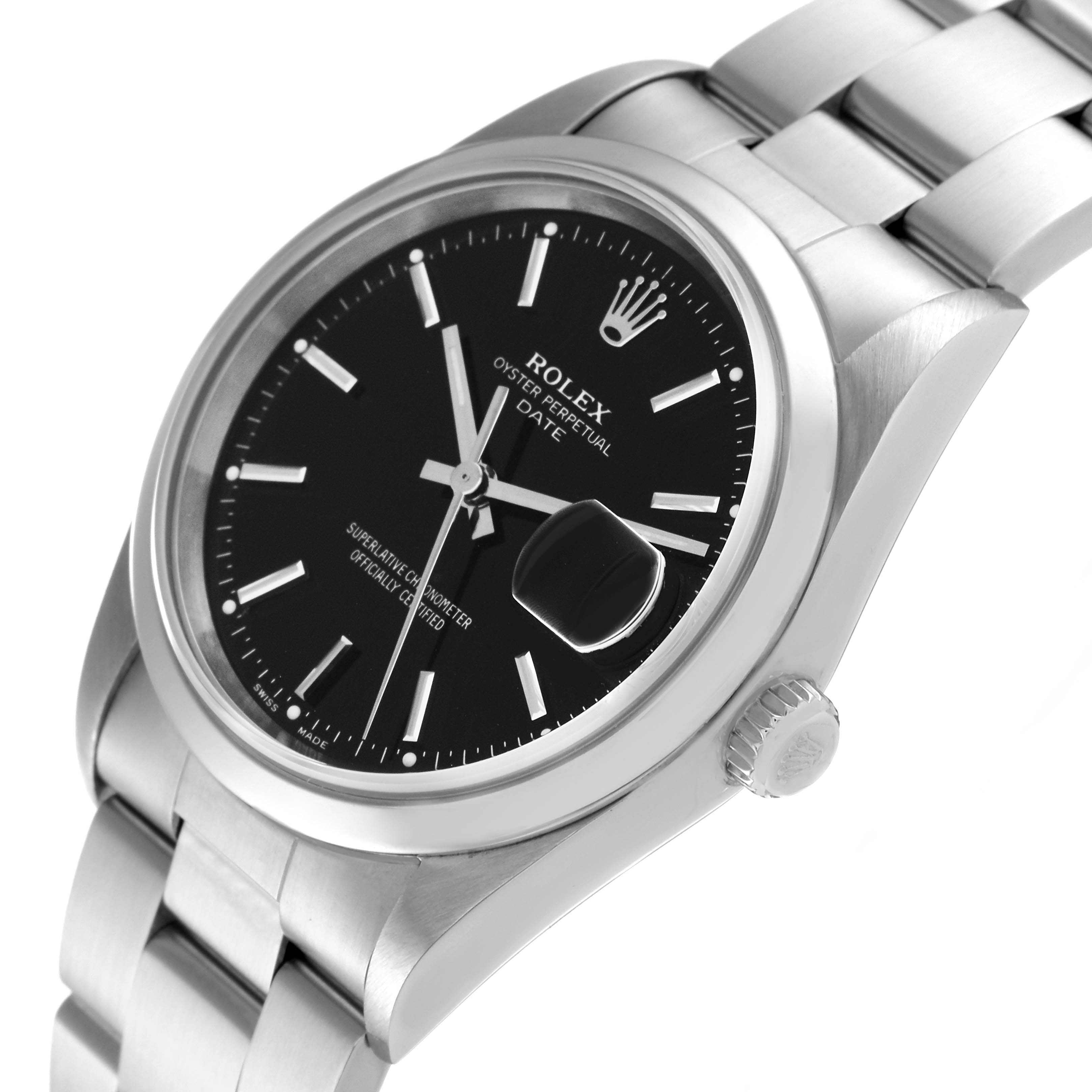 The image shows a Rolex Date 15200 Men's Stainless Steel Black Dial 15200 Men's Stainless Steel Black Dial model watch from a slightly angled close-up, displaying the dial, crown, and part of the bracelet.