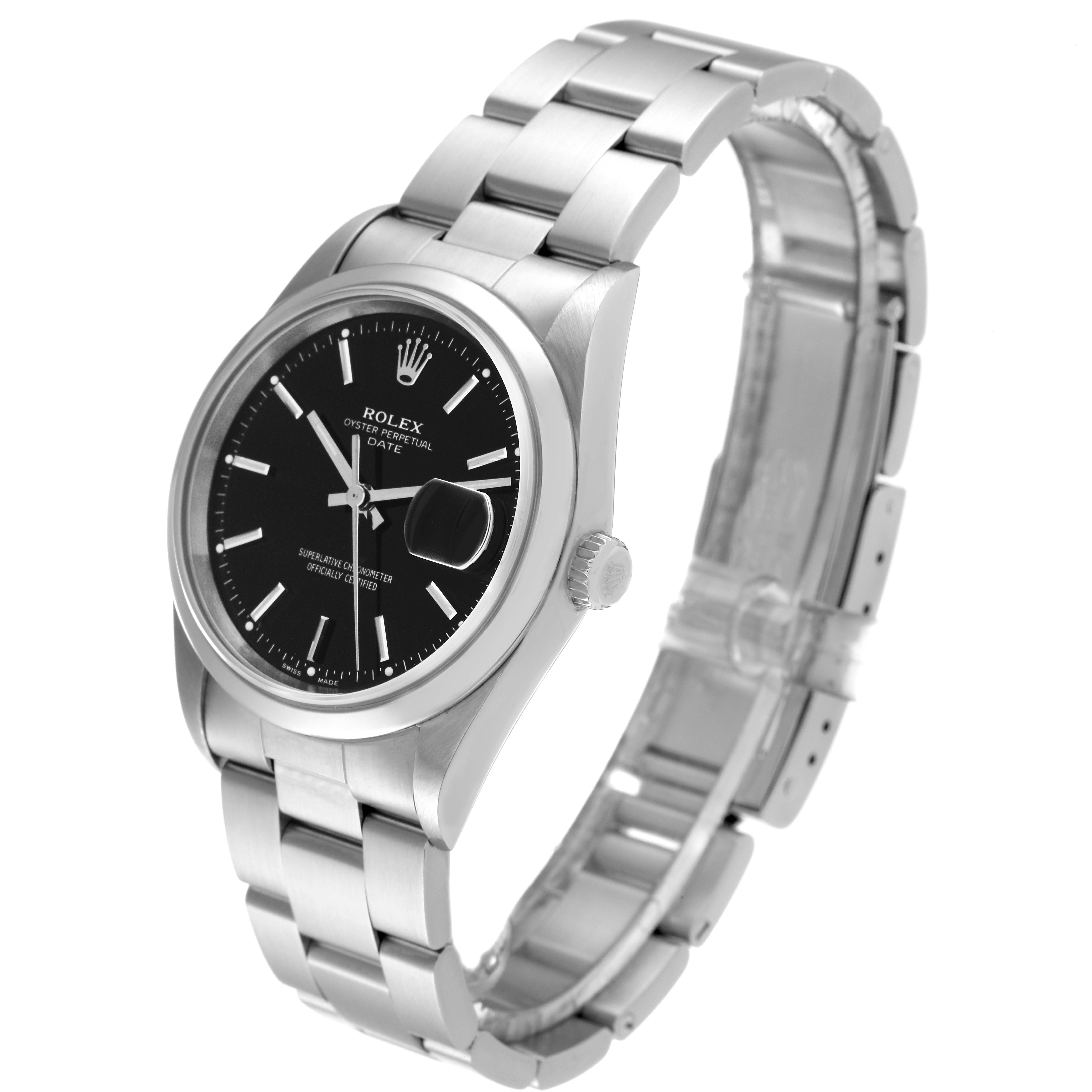 The Rolex Date 15200 Men's Stainless Steel Black Dial 15200 Men's Stainless Steel Black Dial watch is shown at a three-quarter angle, displaying the black dial, bezel, crown, and the metal bracelet.