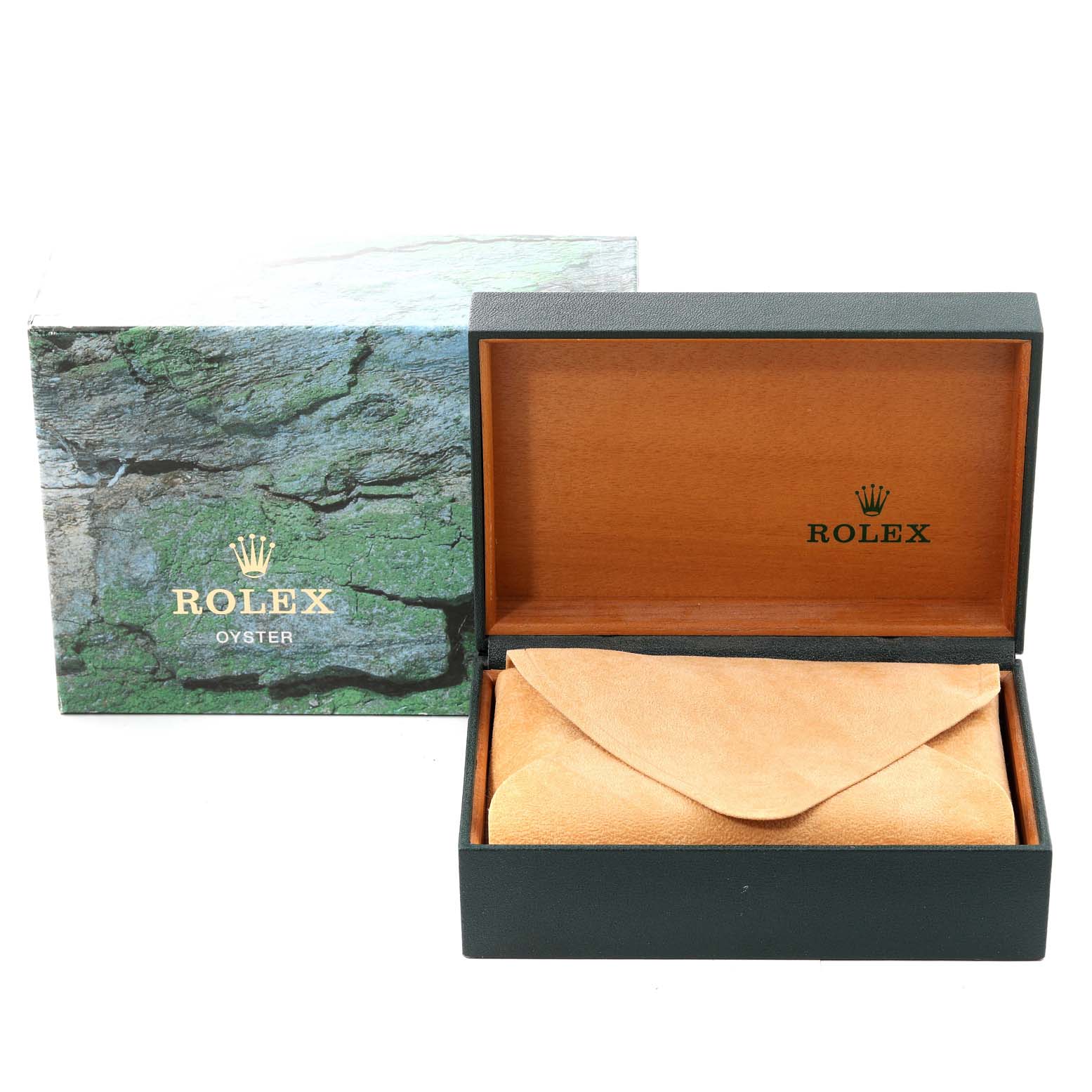 The image shows the packaging for a Rolex Date 15200 Men's Stainless Steel Black Dial 15200 Men's Stainless Steel Black Dial model, featuring an open wooden box with a leather pouch and an outer green box.