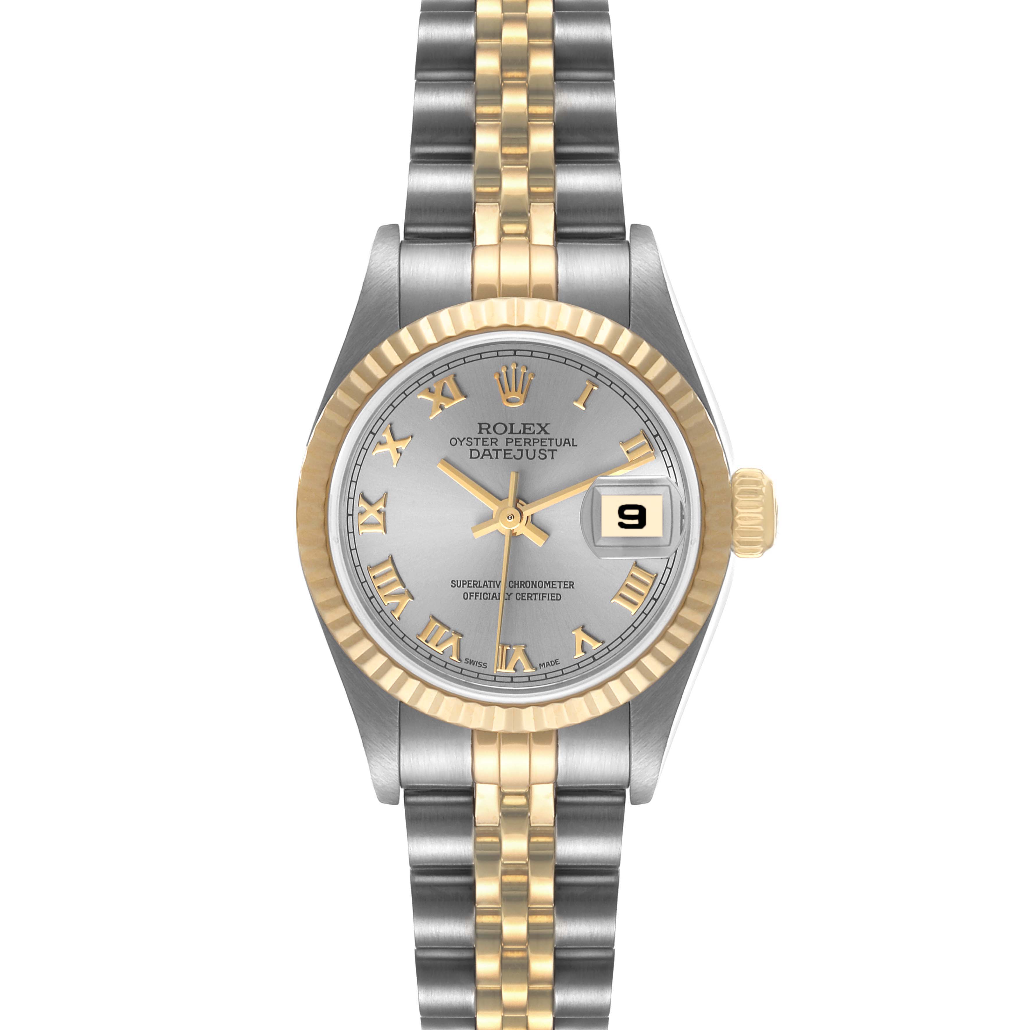 This image shows a front view of the Rolex Datejust 79173 Women's Stainless Steel Grey Dial 79173 Women's Stainless Steel Grey Dial watch, highlighting its bezel, dial, bracelet, and date window.