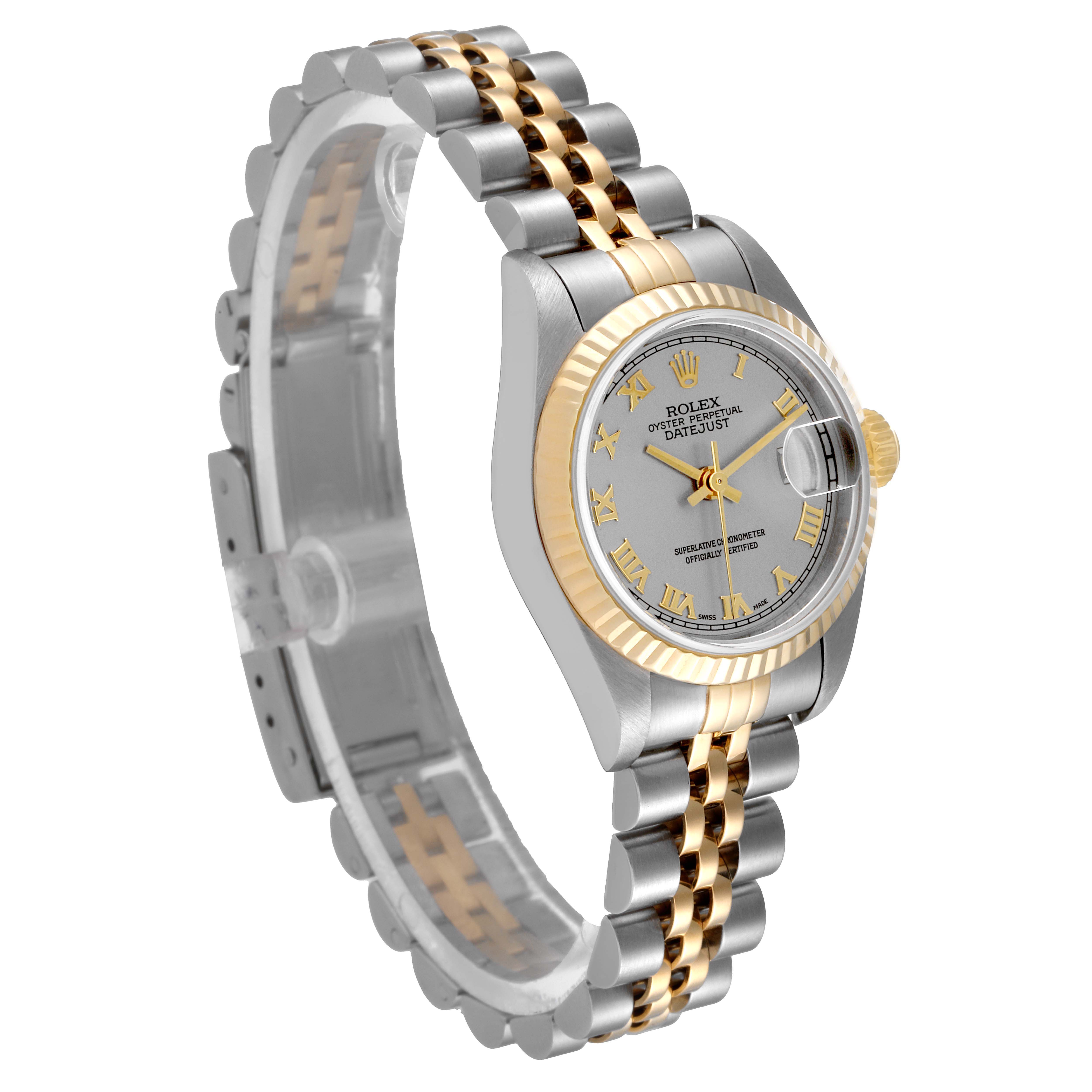 The image shows a side view of the Rolex Datejust 79173 Women's Stainless Steel Grey Dial 79173 Women's Stainless Steel Grey Dial watch, highlighting its face, bezel, and two-tone bracelet.