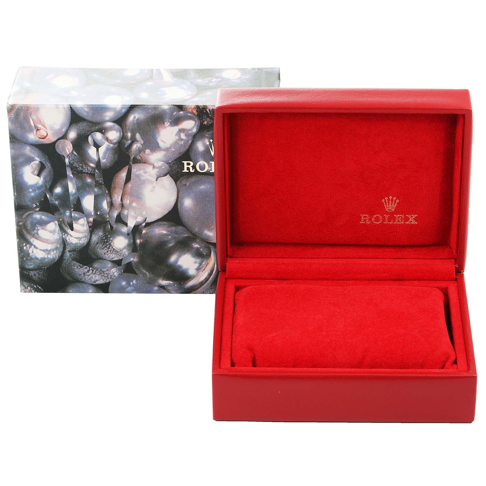 This image shows a red Rolex Datejust 79173 Women's Stainless Steel Grey Dial 79173 Women's Stainless Steel Grey Dial watch box and a packaging box in a front view.