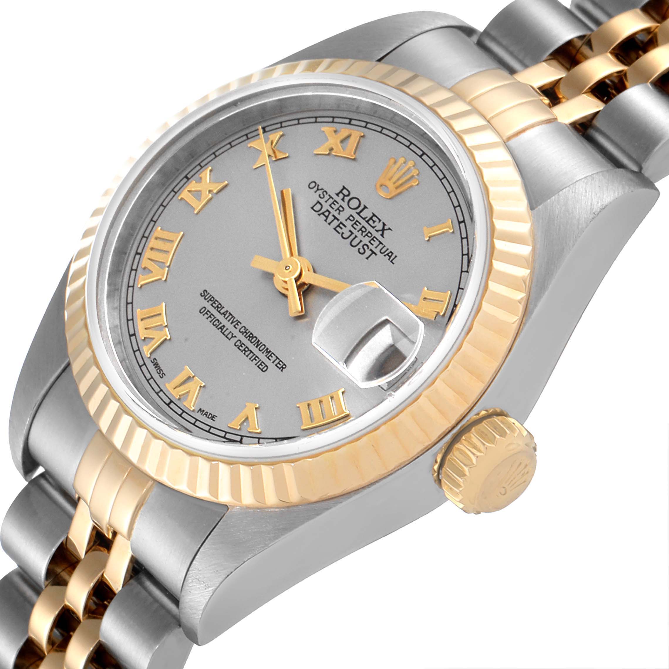 The image shows a close-up, angled view of the dial, bezel, crown, and part of the bracelet of a Rolex Datejust 79173 Women's Stainless Steel Grey Dial 79173 Women's Stainless Steel Grey Dial watch.