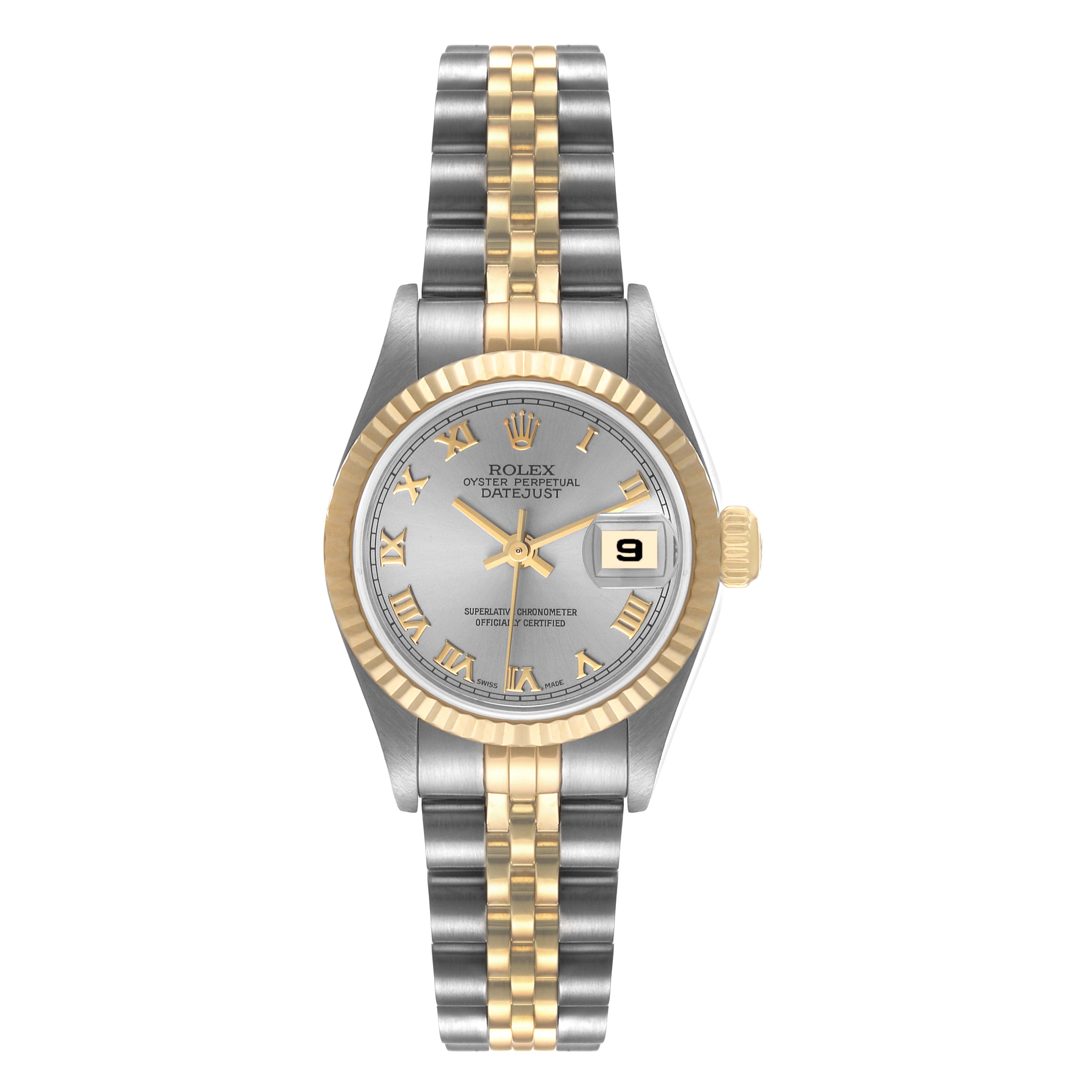 The image shows a Rolex Datejust 79173 Women's Stainless Steel Grey Dial 79173 Women's Stainless Steel Grey Dial watch from a top-down perspective, highlighting the dial, bezel, and bracelet.