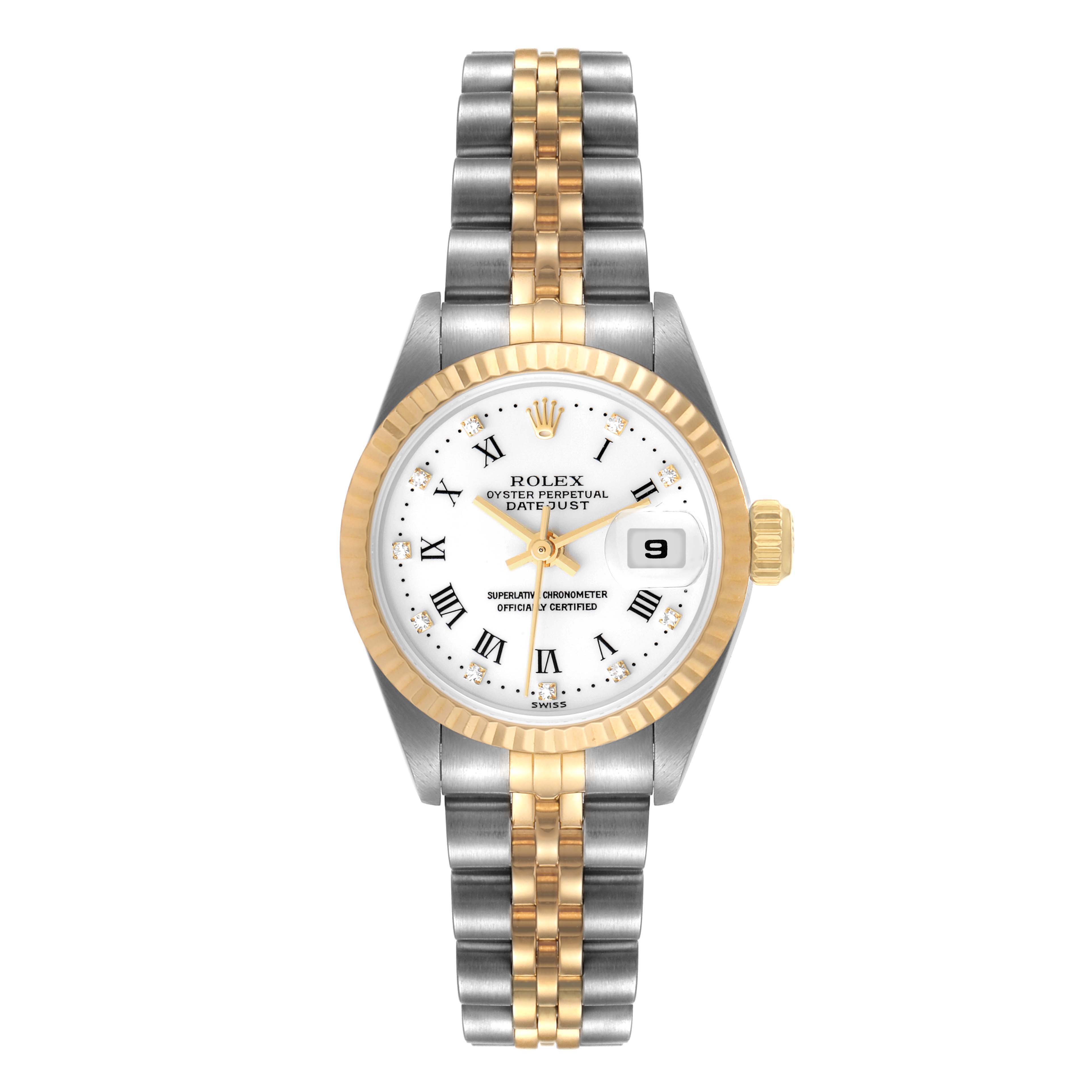 This image shows a frontal view of a Rolex Datejust 69173 Women's Steel and Gold (two tone) White Dial 69173 Women's Steel and Gold (two tone) White Dial watch, displaying its dial, bezel, and jubilee bracelet.