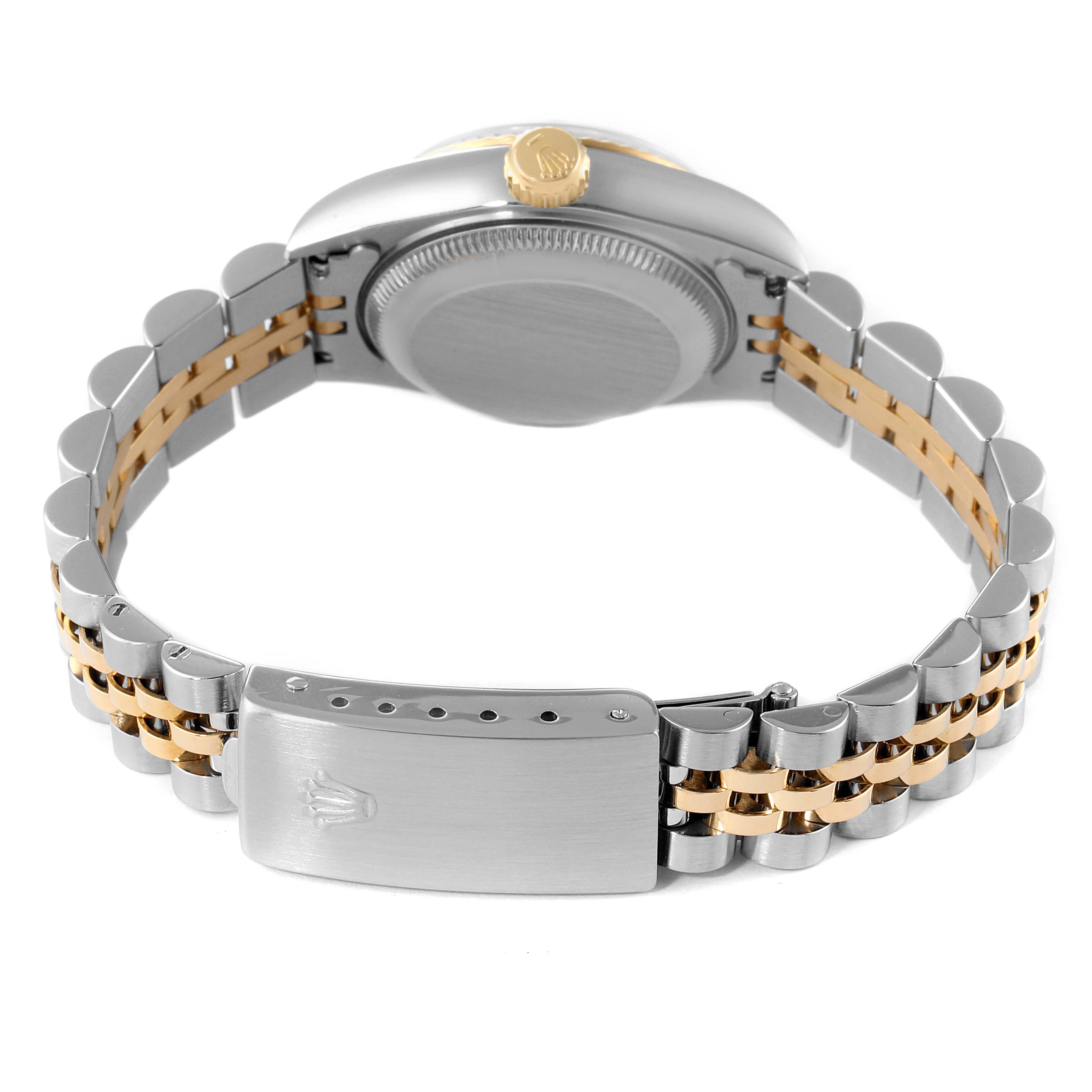 This image shows the back view of a Rolex Datejust 69173 Women's Steel and Gold (two tone) White Dial 69173 Women's Steel and Gold (two tone) White Dial watch, highlighting its clasp, crown, and two-tone bracelet.