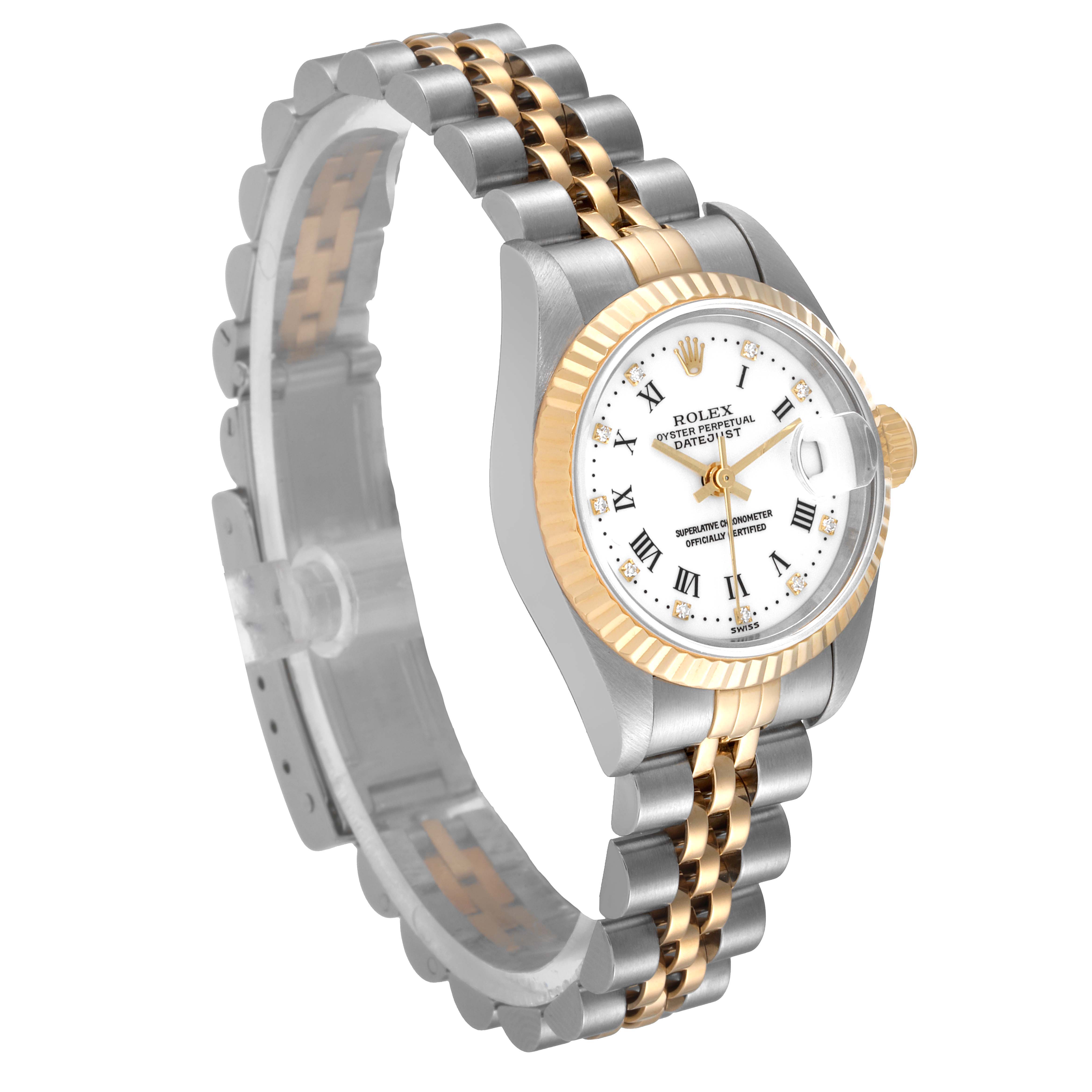 The image shows a Rolex Datejust 69173 Women's Steel and Gold (two tone) White Dial 69173 Women's Steel and Gold (two tone) White Dial watch at a three-quarter angle, highlighting the bracelet, bezel, dial, and crown.