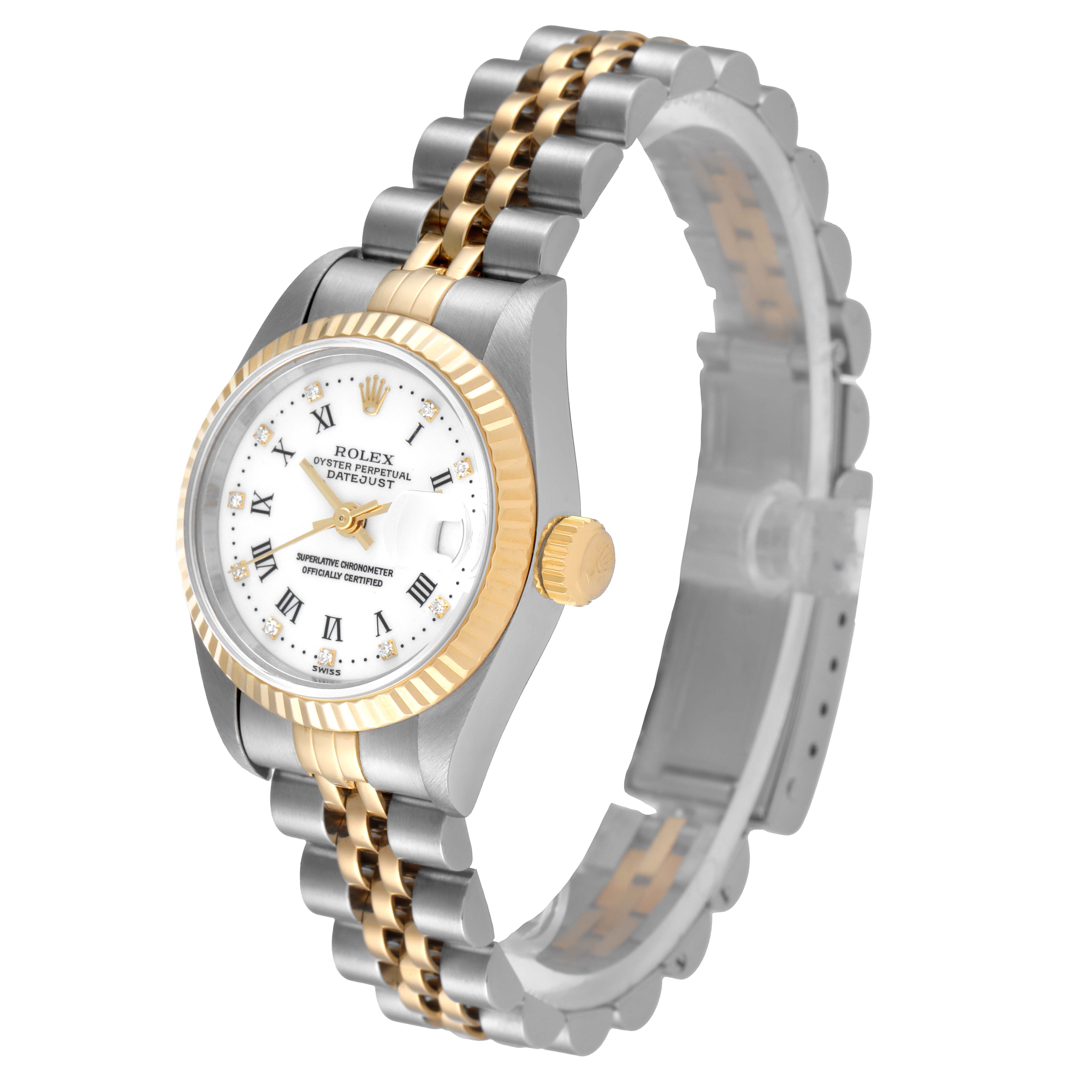 This image shows a Rolex Datejust 69173 Women's Steel and Gold (two tone) White Dial 69173 Women's Steel and Gold (two tone) White Dial watch at a slight angle displaying the face, side, and part of the two-tone metal band.