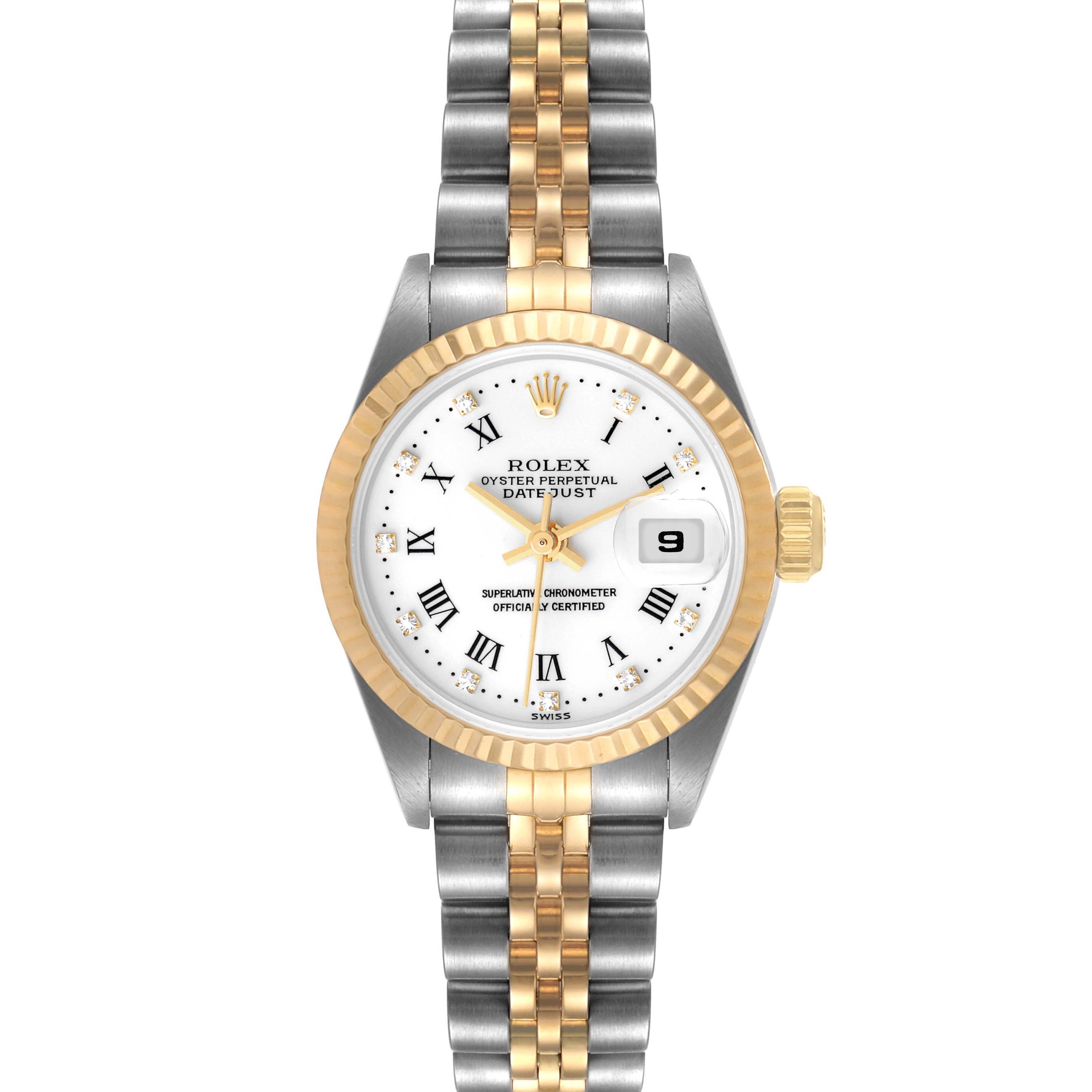 This is a front view of a Rolex Datejust 69173 Women's Steel and Gold (two tone) White Dial 69173 Women's Steel and Gold (two tone) White Dial watch, showcasing the dial, bezel, and two-tone bracelet.