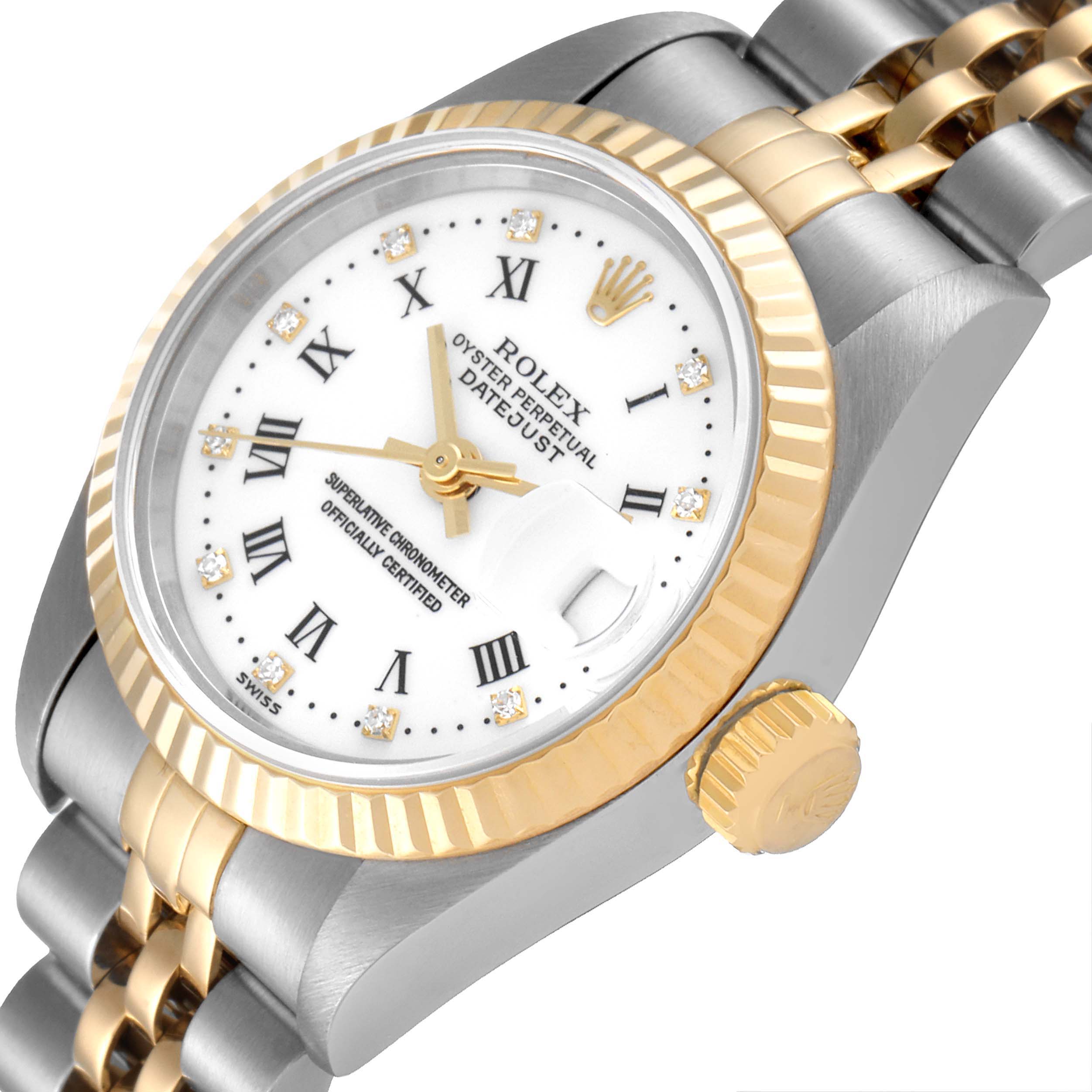 The image shows a close-up angled view of a Rolex Datejust 69173 Women's Steel and Gold (two tone) White Dial 69173 Women's Steel and Gold (two tone) White Dial watch, highlighting the dial, bezel, and part of the bracelet.